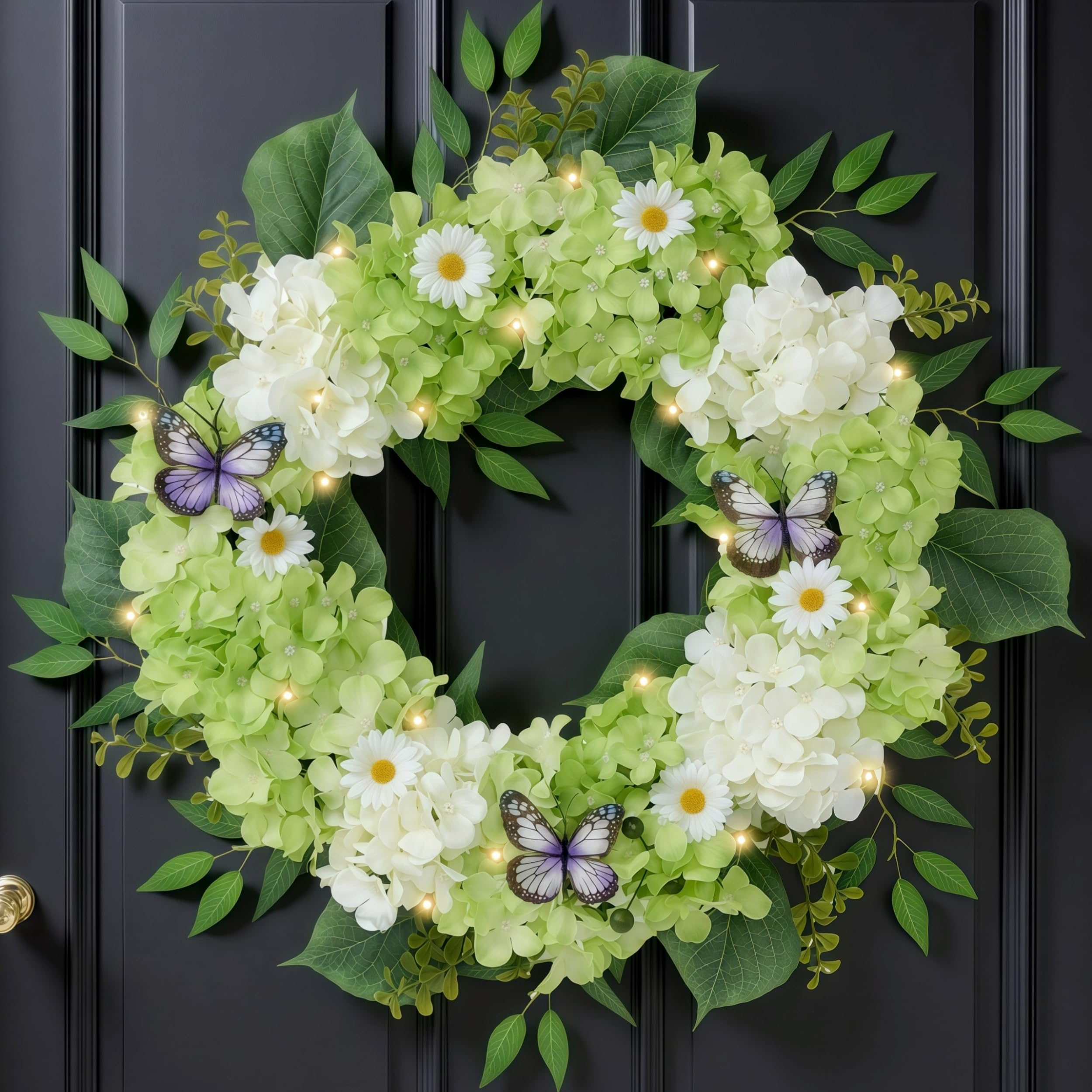 Valery Madelyn Collapsible Spring Summer Wreath for Front Door with Light,Silk Green White Hydrangeas Floral Wreath with Eucalyptus Leaves Butterfly for Fall Home Porch Window Wedding Wall Decor-24''