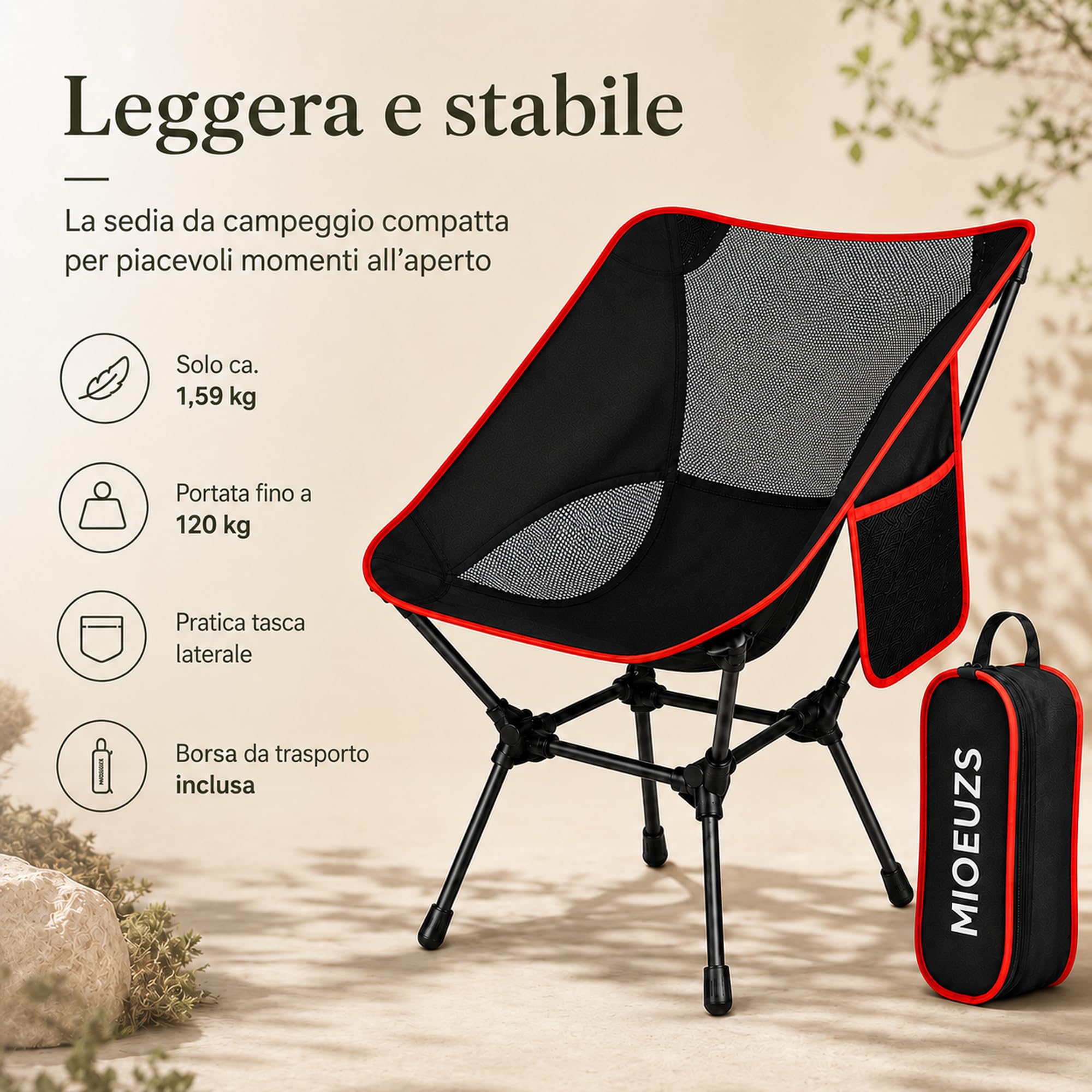 Sedia da spiaggia pieghevole fino a 120 kg, sedia campeggio pieghevole Oxford 900D con tasca laterale e borsa di trasporto, per mare, pesca, giardino ed esterno