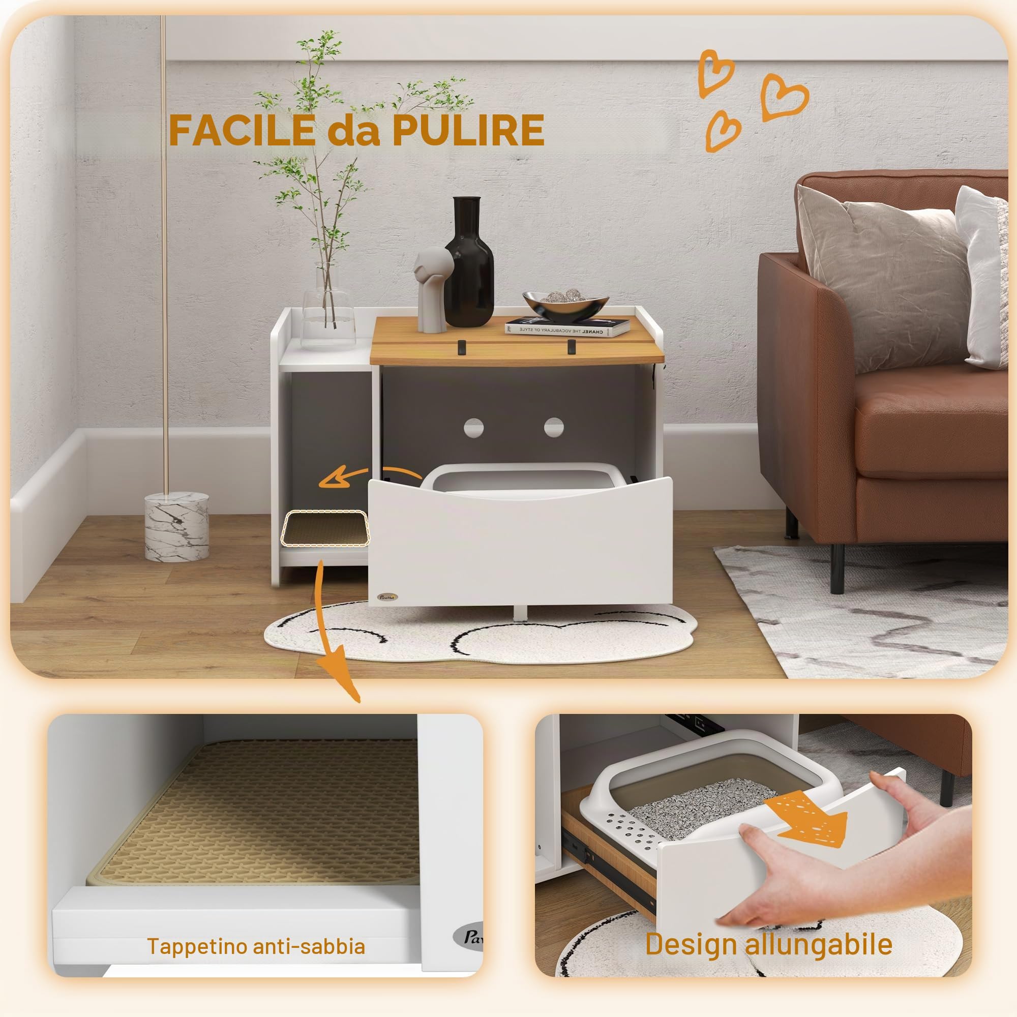 PawHut armadietto per gatti per lettiera, armadietto per lettiera con mobile estraibile, tappetino per la raccolta della lettiera, casetta per gatti da interno, 78 x 50 x 51 cm, rovere | Armadietto per gatti, lettiera nascosta con armadio estraibile, tapp