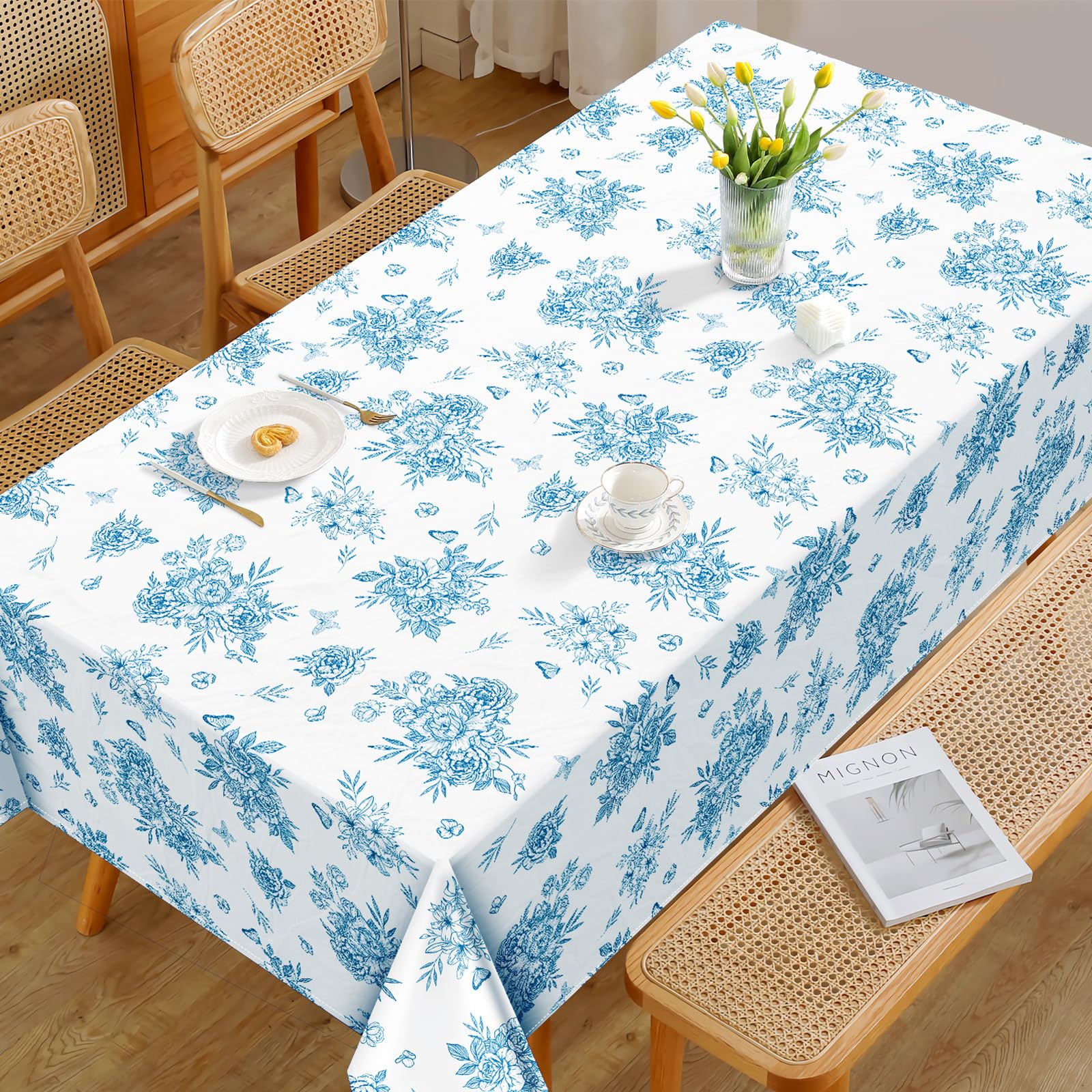 Arquiel Rustic Blue Floral Tablecloth Waterproof, Watercolor Flower Table Cloth Rectangle Stain Resistant - Image 4