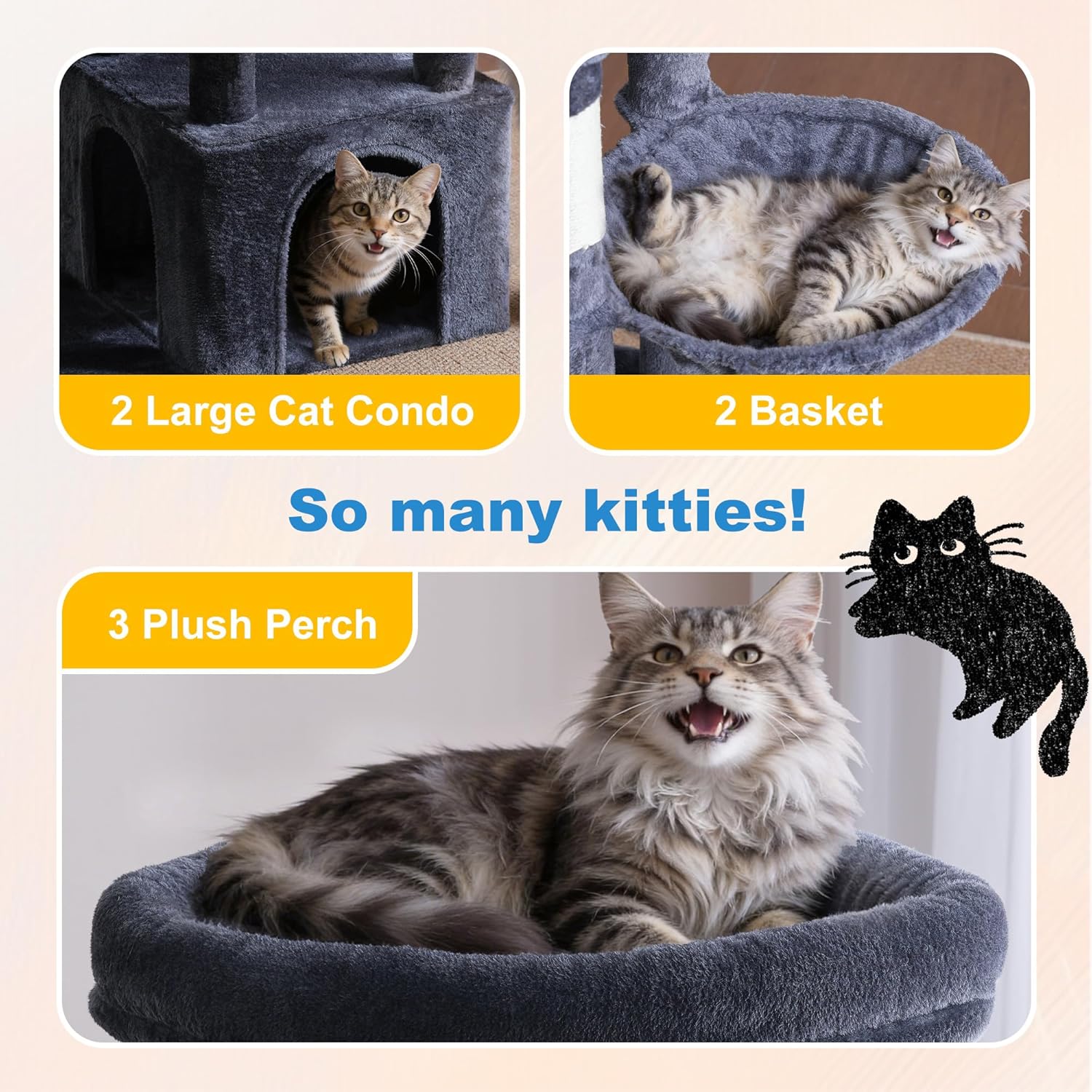 Hey-brother Cat Tree, 67.3 Inches Tower with 3 Soft Platform Beds, 2 Large Condos, 9 Sisal Scratching Posts, 2 Hammocks and Toys, Multi-Level Step House for Multiple Indoor Kittens, Smoky Gray MPJ084G