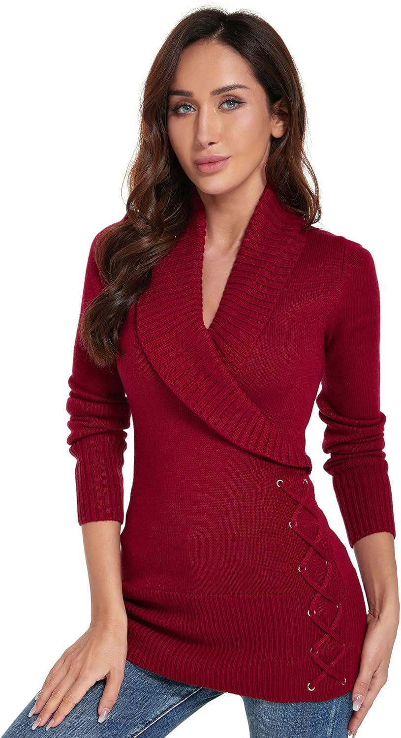 AmélieBoutik Women Slim Fit Sexy Casual Shawl Collar Faux Wrap Lace Up Long Sleeve Sweater