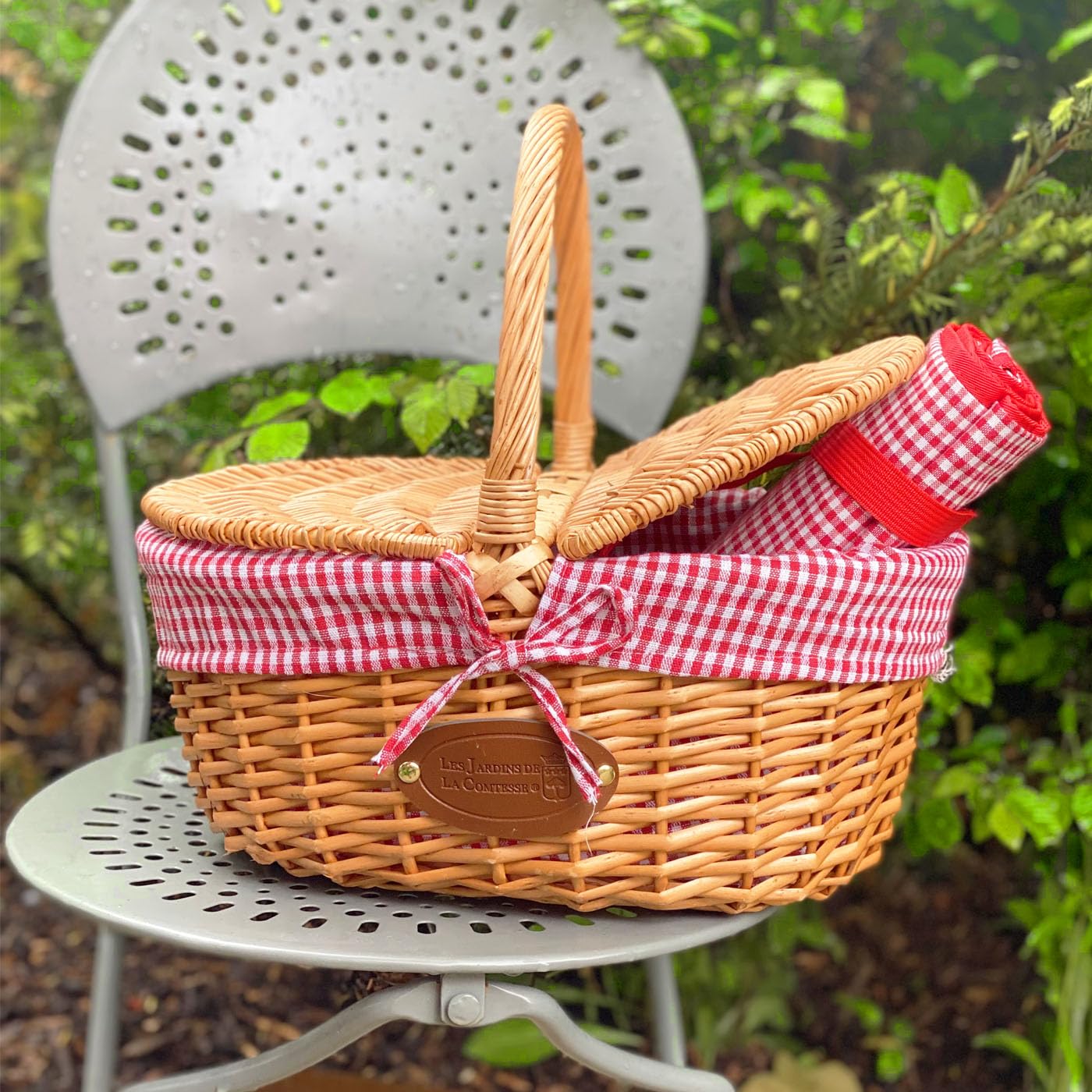 Les Jardins de la Comtesse - Cestino di Vimini - Per picnic o per un'uscita al Mercato - Tessuto Vichy Rosso - 40 x 31 x 20 cm