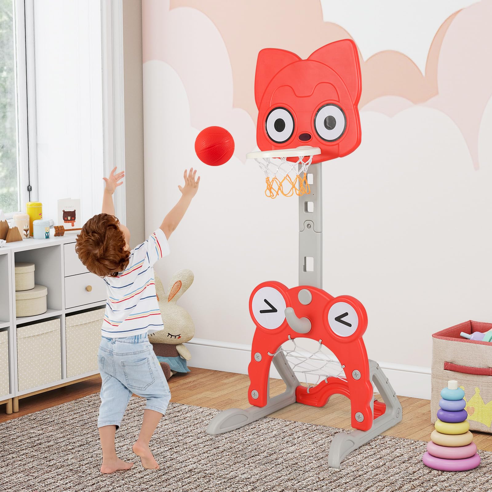 COSTWAY Canestro da Basket 4 in 1 per Bambini 3+ Anni, Altezza 118-148 cm | Centro di Attività Forma Volpe in HDPE con Golf, Calcio e Anelli da Lancio, Base Riempibile, per Cameretta e Asilo Nido