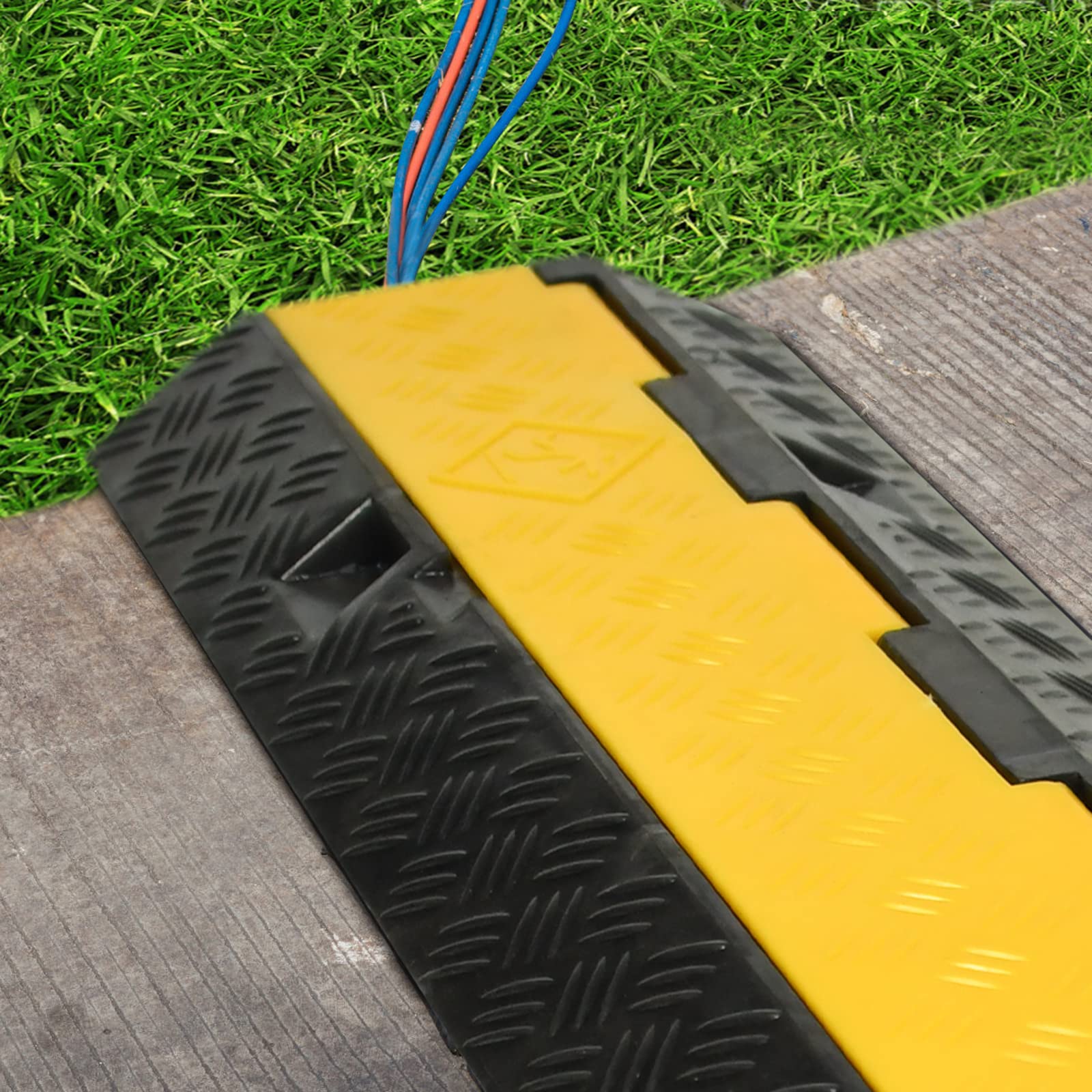 UISEBRT 4 ponticelli per pavimento, canalina per cavi modulare, in gomma, base a 2 canali, 100 x 24 x 5 cm, nero/giallo