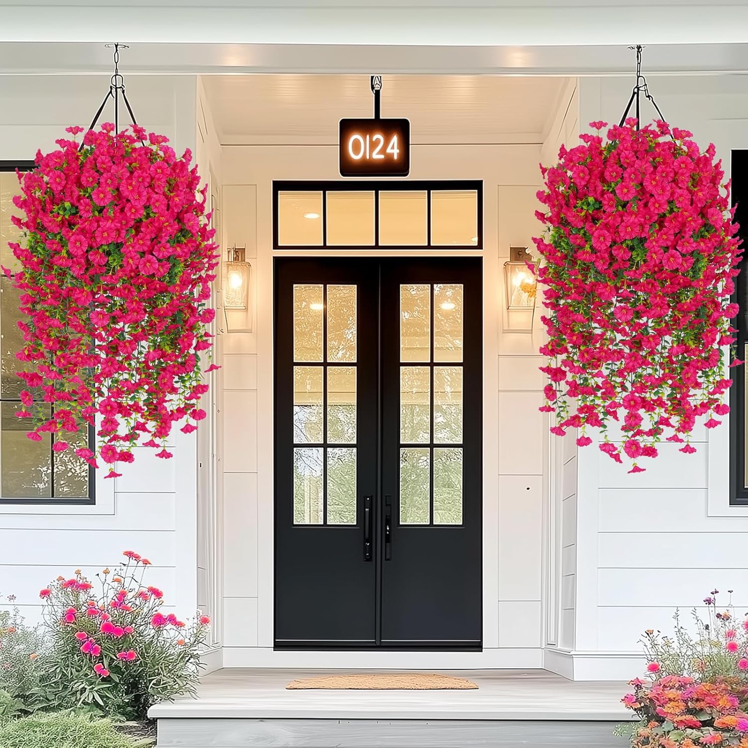 MARTINE MALL 4 Pcs Look Real Artificial Flowers for Outdoors, Realistic Artificial Hanging Flowers for Outdoors, UV Resistant Fake Hanging Plants Silk Petunia Faux Flowers for Porch Patio, Rose Red