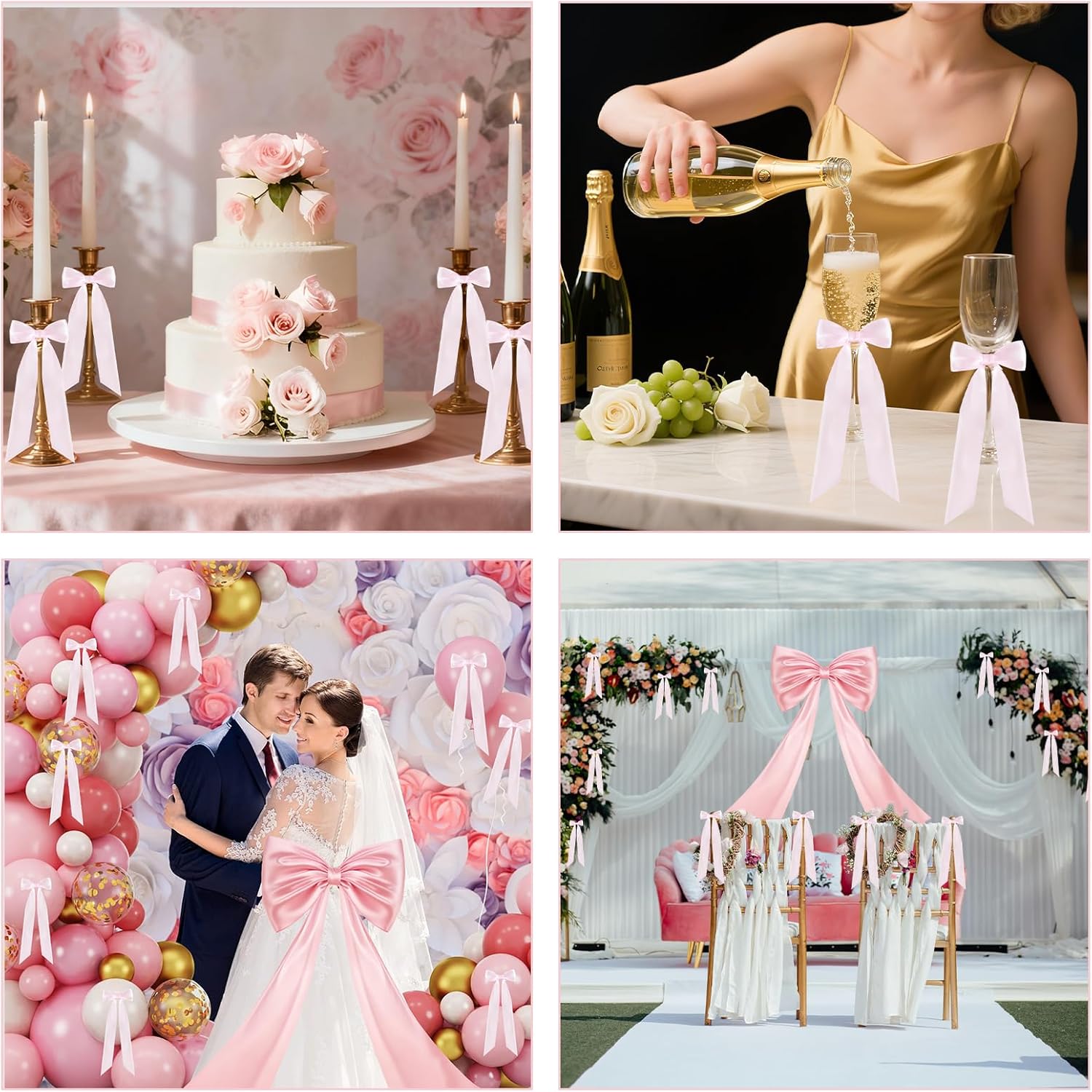 Large Pink Bow for Coquette Room Decor, 16 Pcs 3x13 in+1Pcs 47x24 in Big Satin Ribbon Ties for Birthday Party Wedding Background Bridal Shower Baby Shower Room Wall Decorations (Pink)