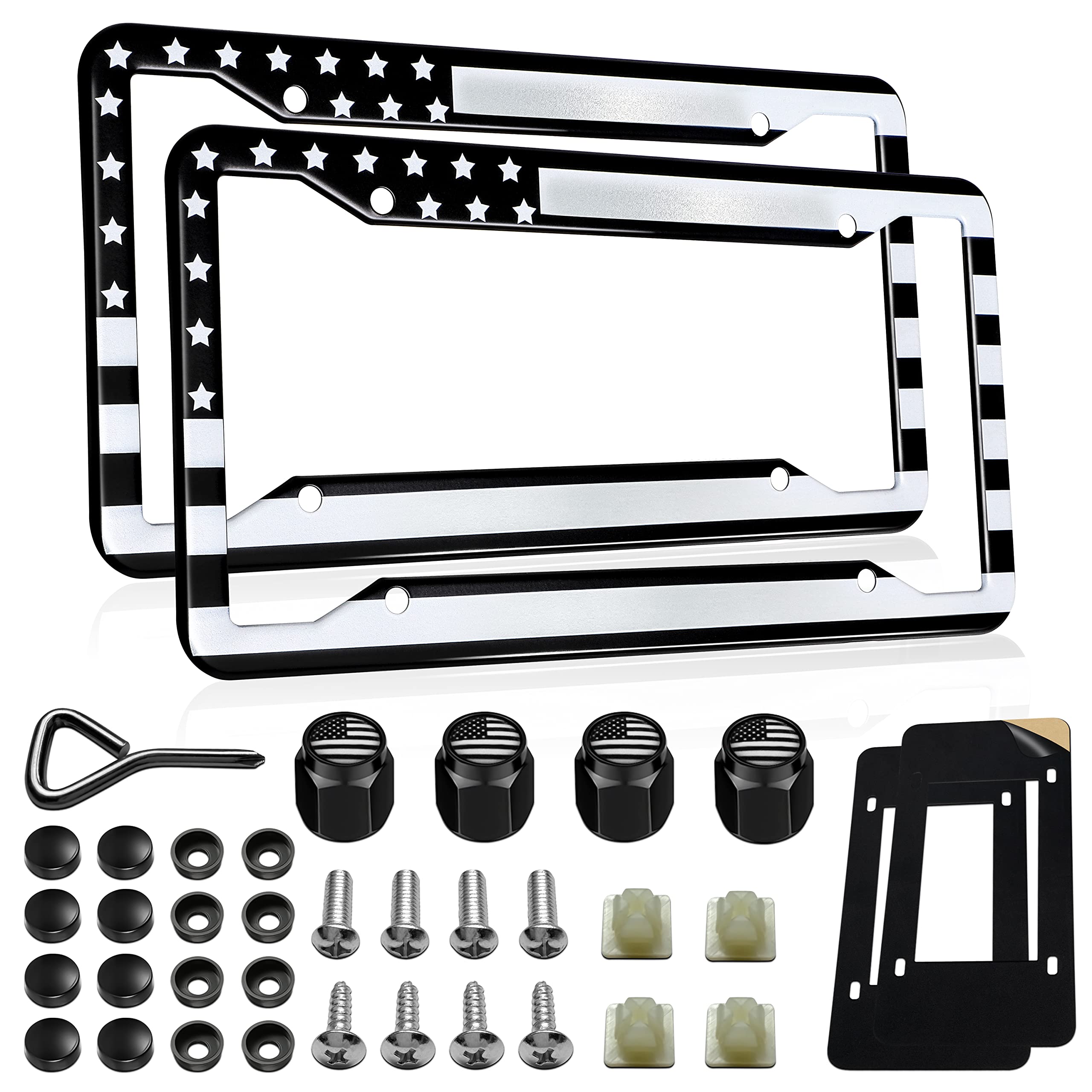 Photo 1 of Black American Flag License Plate Frame, 2 Pcs Premium Stainless Steel Carbon Fiber Printing License Plate Frames, Patriotic USA Stars and Stripes License Plate holder bracket with Gift Box Screw Caps…