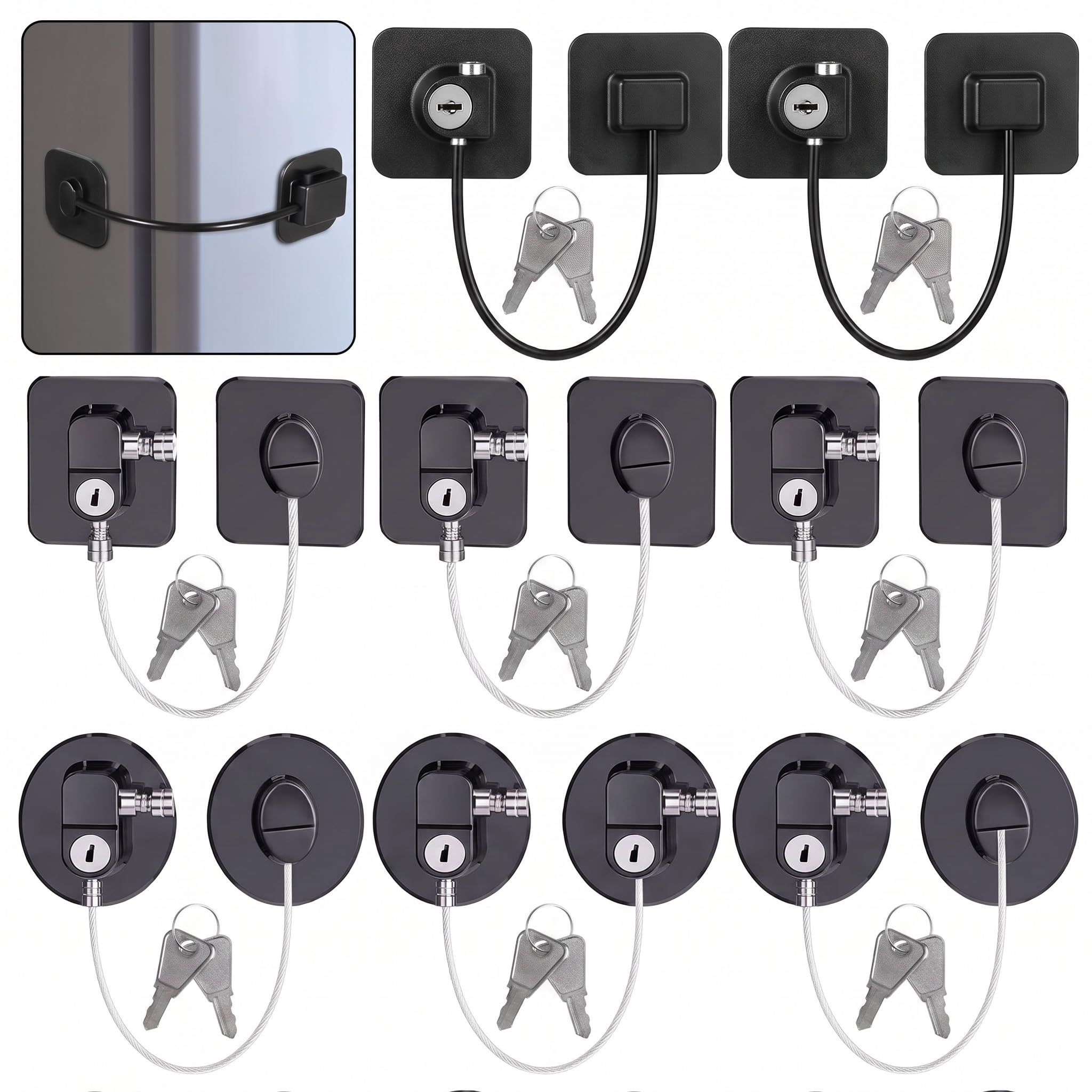 8 piezas cerradura de refrigerador con 10 llaves, cerradura de nevera, cerradura de puerta del congelador y cerraduras de seguridad para niños con adhesivo fuerte, negro