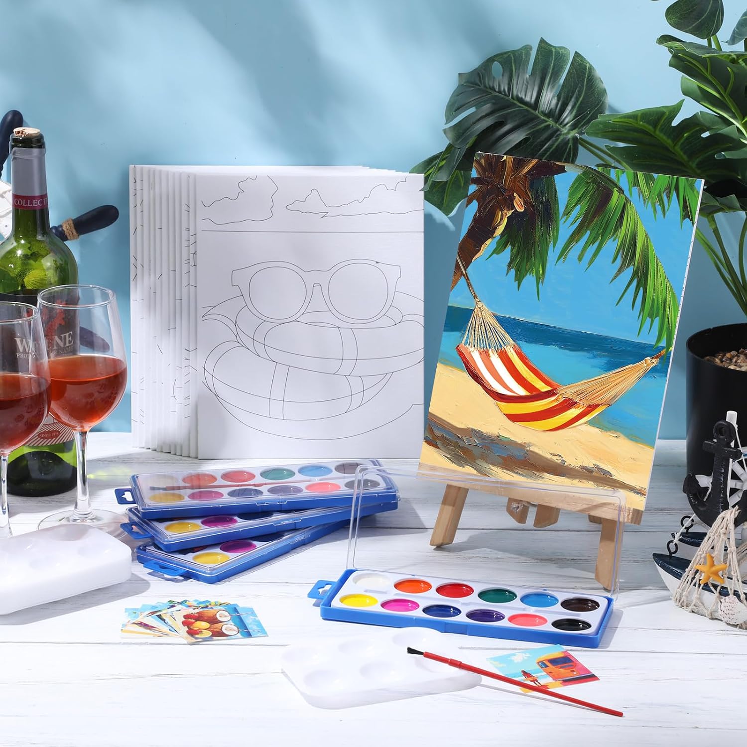 Ctosree 12 Sets Pre Drawn Canvas Kit for Painting Adults Sip and Paint Kit Art Pre Printed Canvas Bulk for Easter Mother's Day Gifts Adult's Date Night(Hawaii Vacation,8 x 10 in)