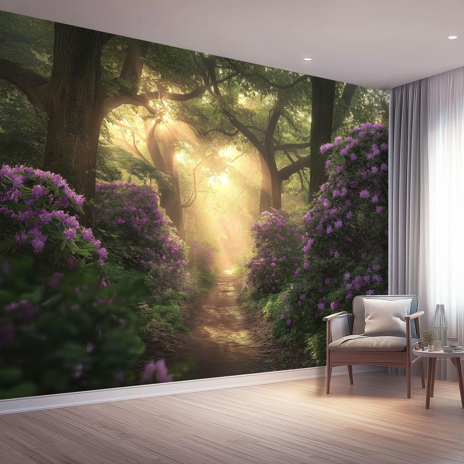 Papier peint panoramique forêt 3D pour agrandir un salon sombre