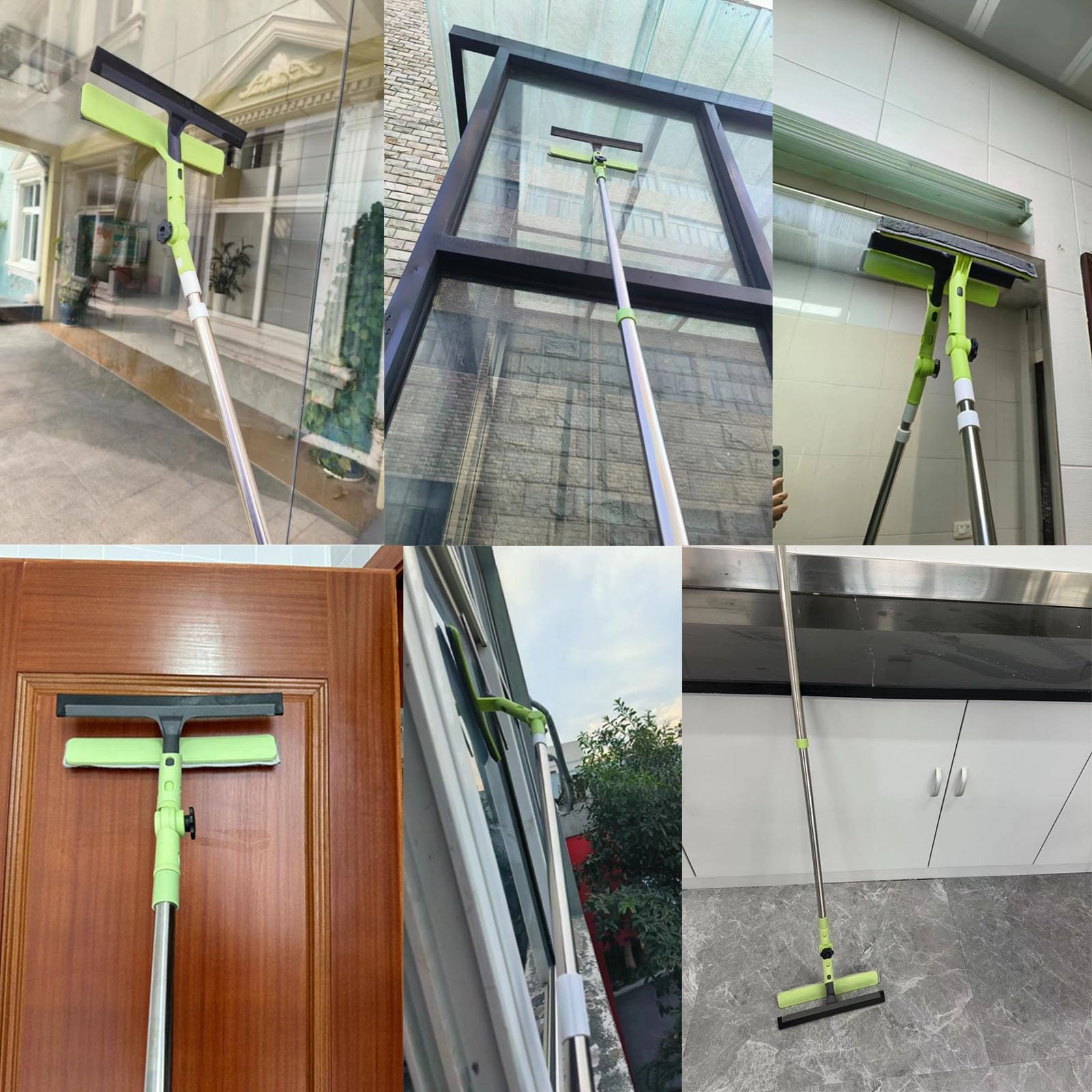 Herramienta de Limpieza de Ventanas 2 en 1 Verde para Coche, Kit de Limpieza de Ventanas con Palo telescópico y (3) paños de Microfibra, limpiacristales/Coche/Suelo/Puerta
