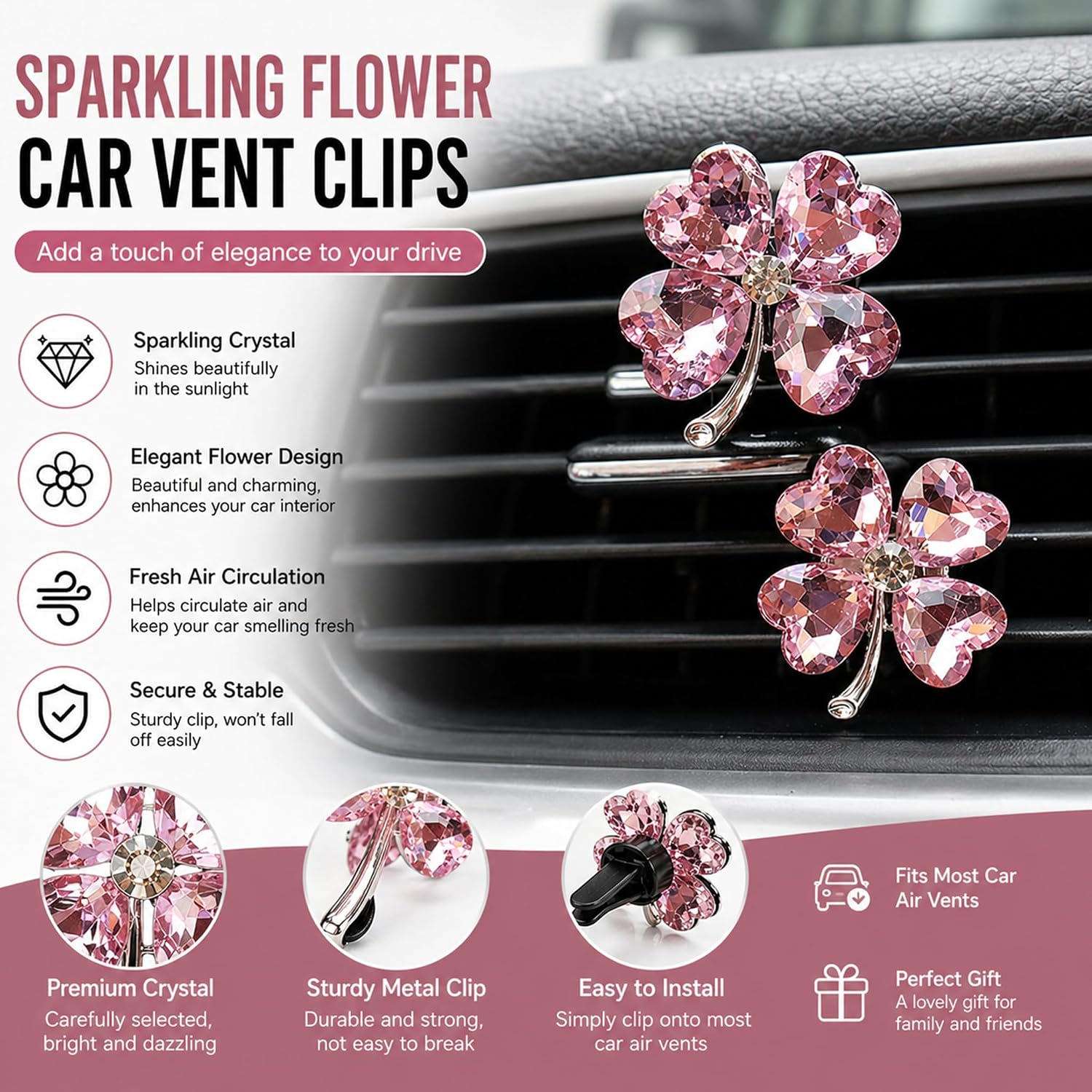 Pink Four-Leaf Clover Car Vent Clip, Lucky Auto Decor for Women image 3