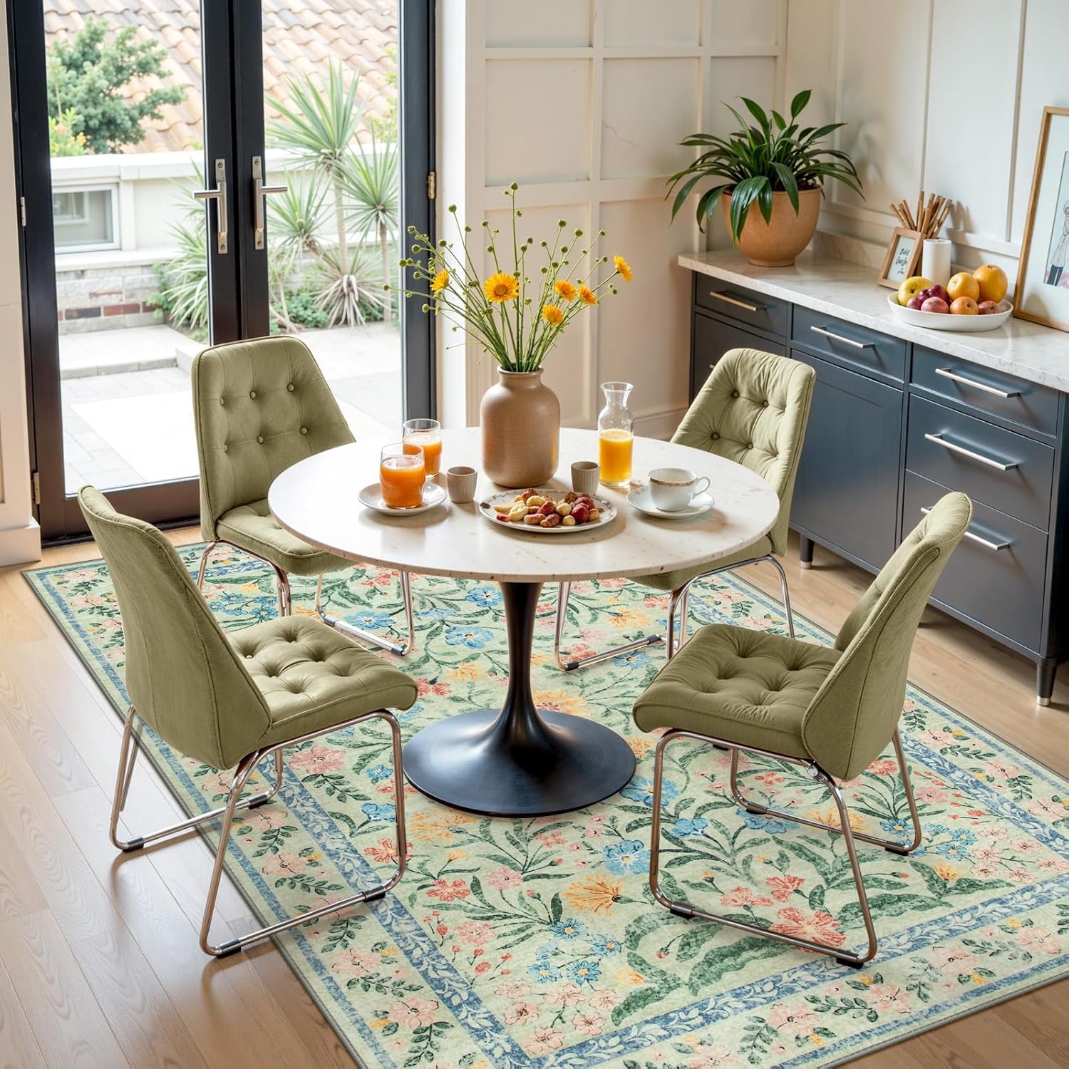 Lahome Washable 5x7 Area Rugs, Boho Pink and Green Floral Living Room Rug Non Slip, Vintage Girls Bedroom Indoor Carpet for Nursery Playroom Kitchen, Green/Multi - Image 9