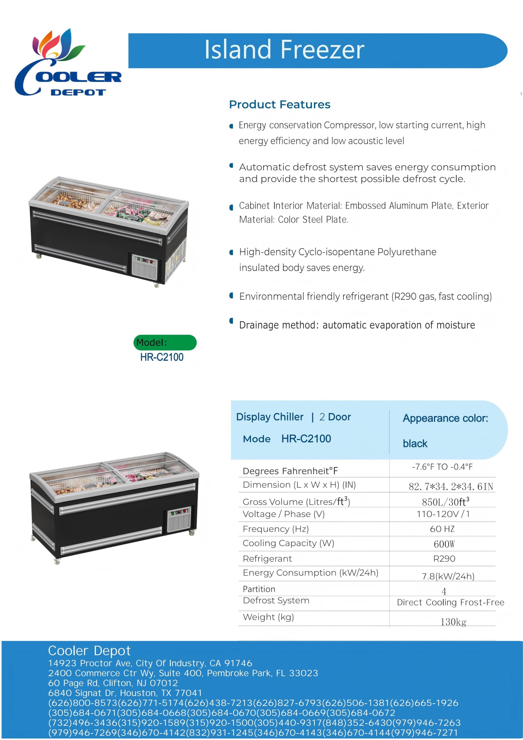 Chest Freezer for Supermarket Glass sliding Door 83" Black Showcase Freezer Curve Display Top w/Storage Baskets-34 Cu.Ft HR-C2100 on Fridge.com