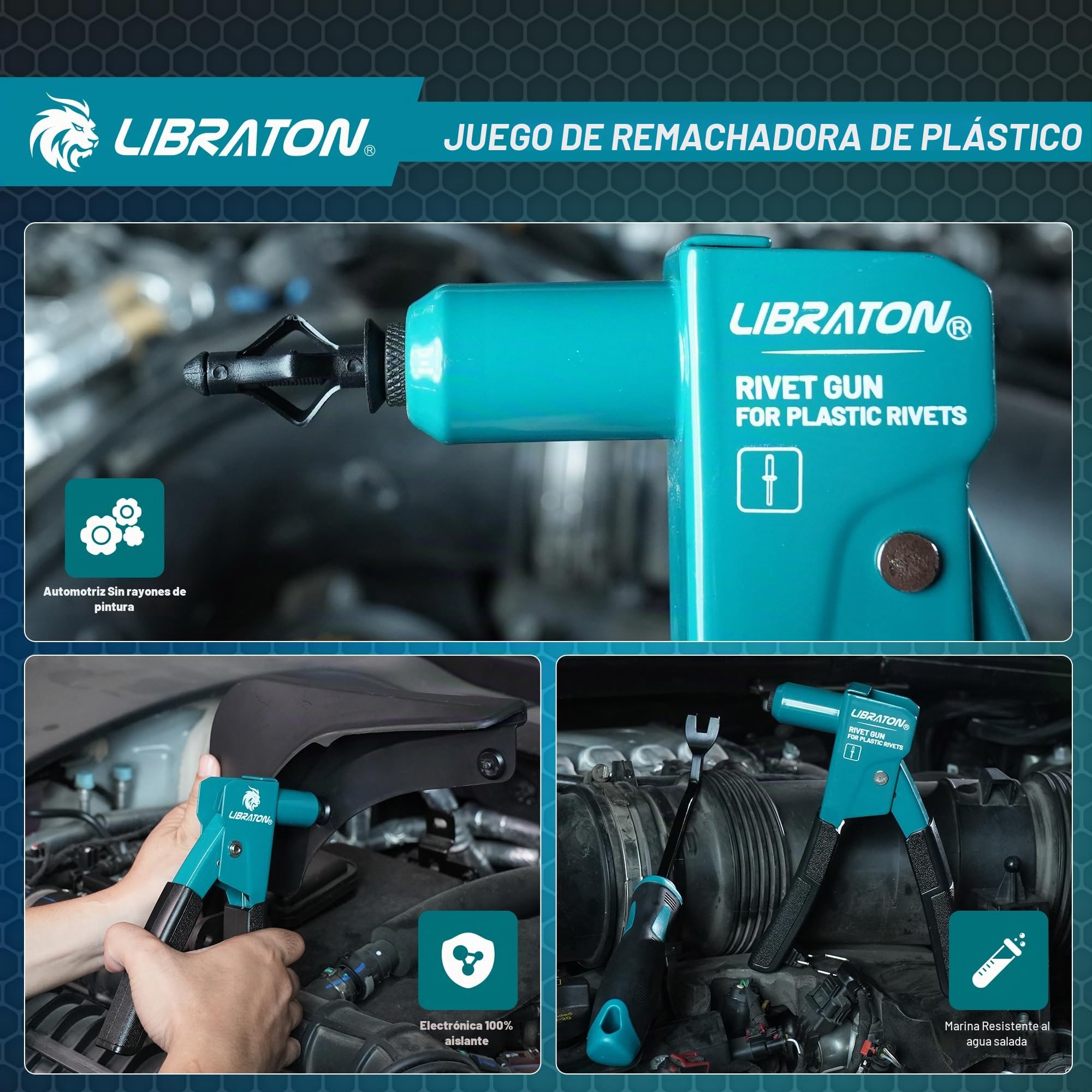 LIBRATON - Kit de pistola remachadora de plástico, remachadora manual de 90 grados con 40 remaches de nylon (4 tamaños), punta universal para automoción/electrónica, ergonómica y con un 50% menos de