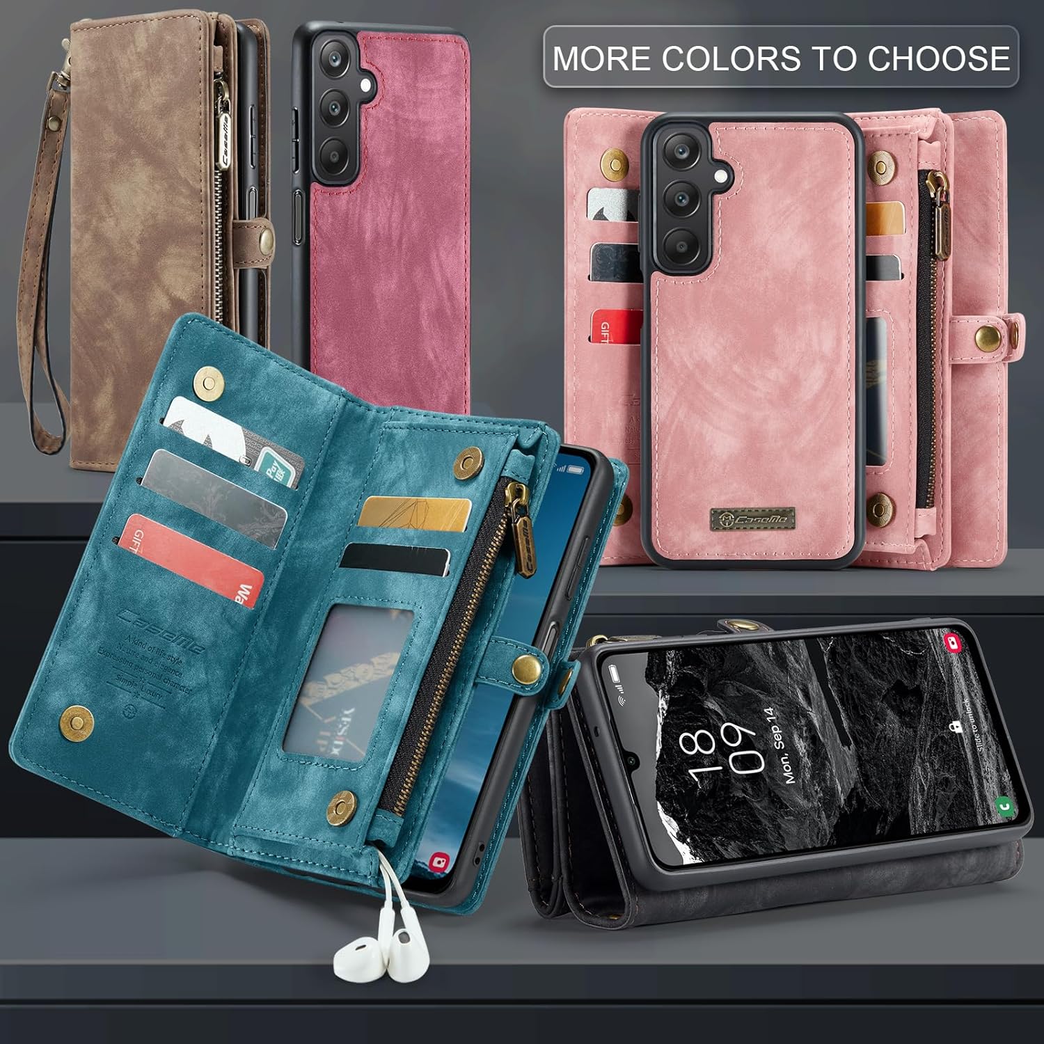 for Samsung A25 Case, Shockproof Card Holder Flip Magnetic 2-in-1 Detachable Zipper Slots Wallet Cover for Samsung Galaxy A25 5G, Anti-scratch Leather TPU Bumper Luxury Purse Holster, Black