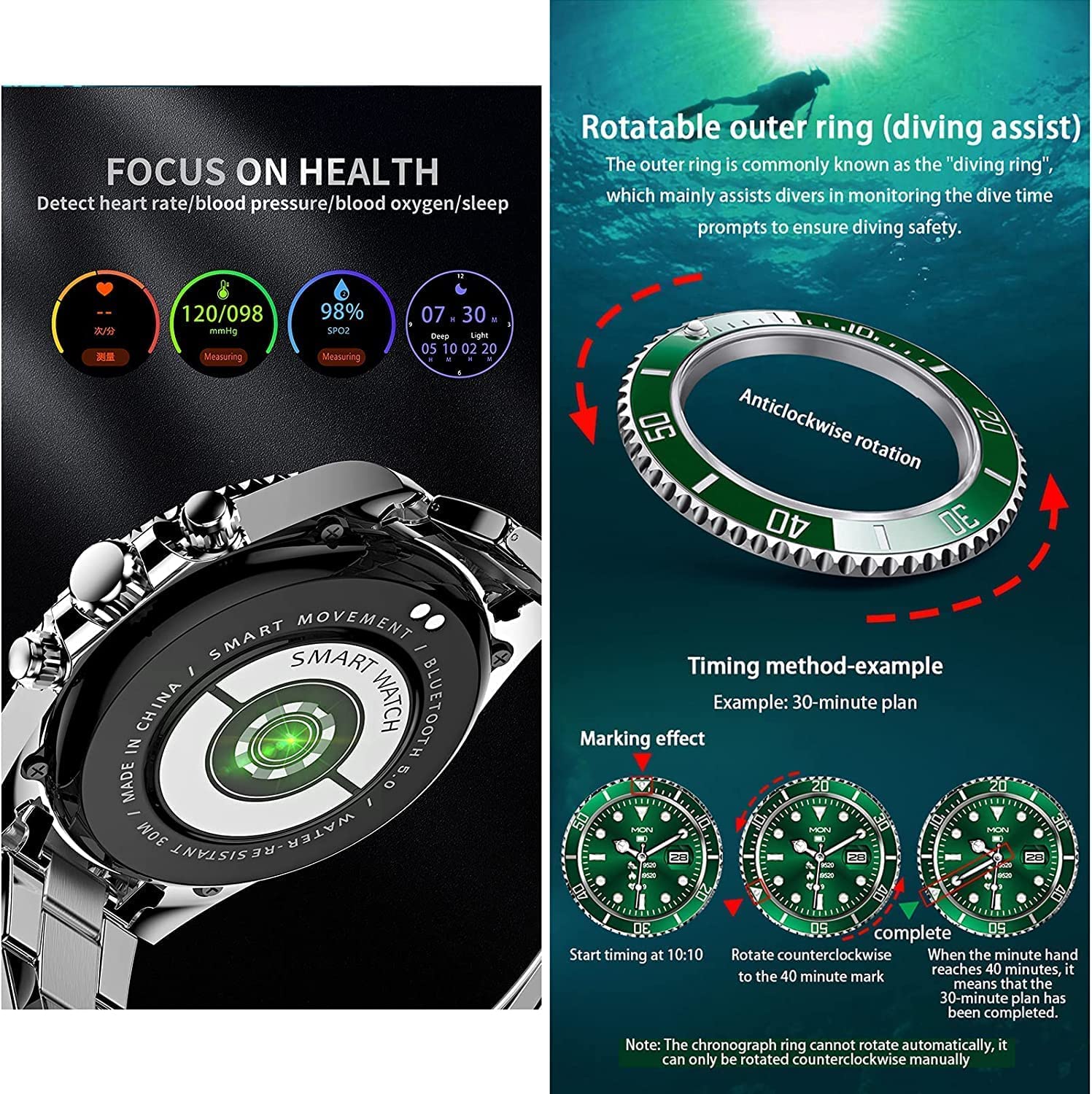 Smartwatch Touchscreen da 1,28" da Uomo in Acciaio Inossidabile per Android iOS, Smartwatch Meccanico alla Moda, Chiamate Bluetooth con Cardiofrequenzimetro/Monitor del Sonno,C