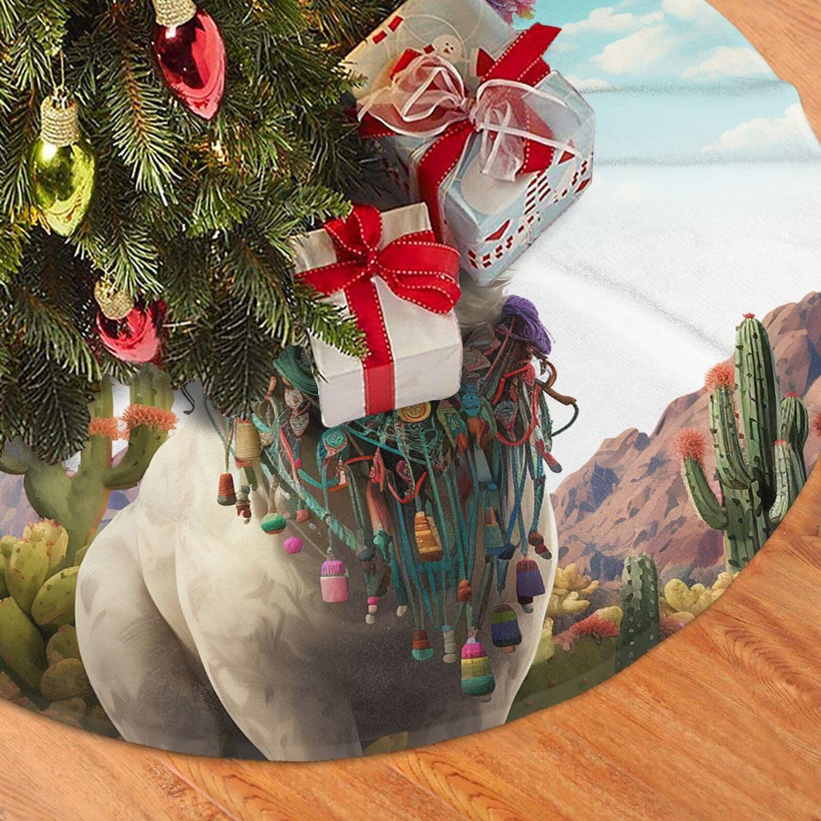 Fodpand Black Mexican Llama Cactus Christmas Tree Skirt 36" Velvet Xmas Tree Skirt Mat Rustic Christmas Tree Mat Cover Winter Xmas Tree Collar For Indoor Outdoor Christmas Decorations