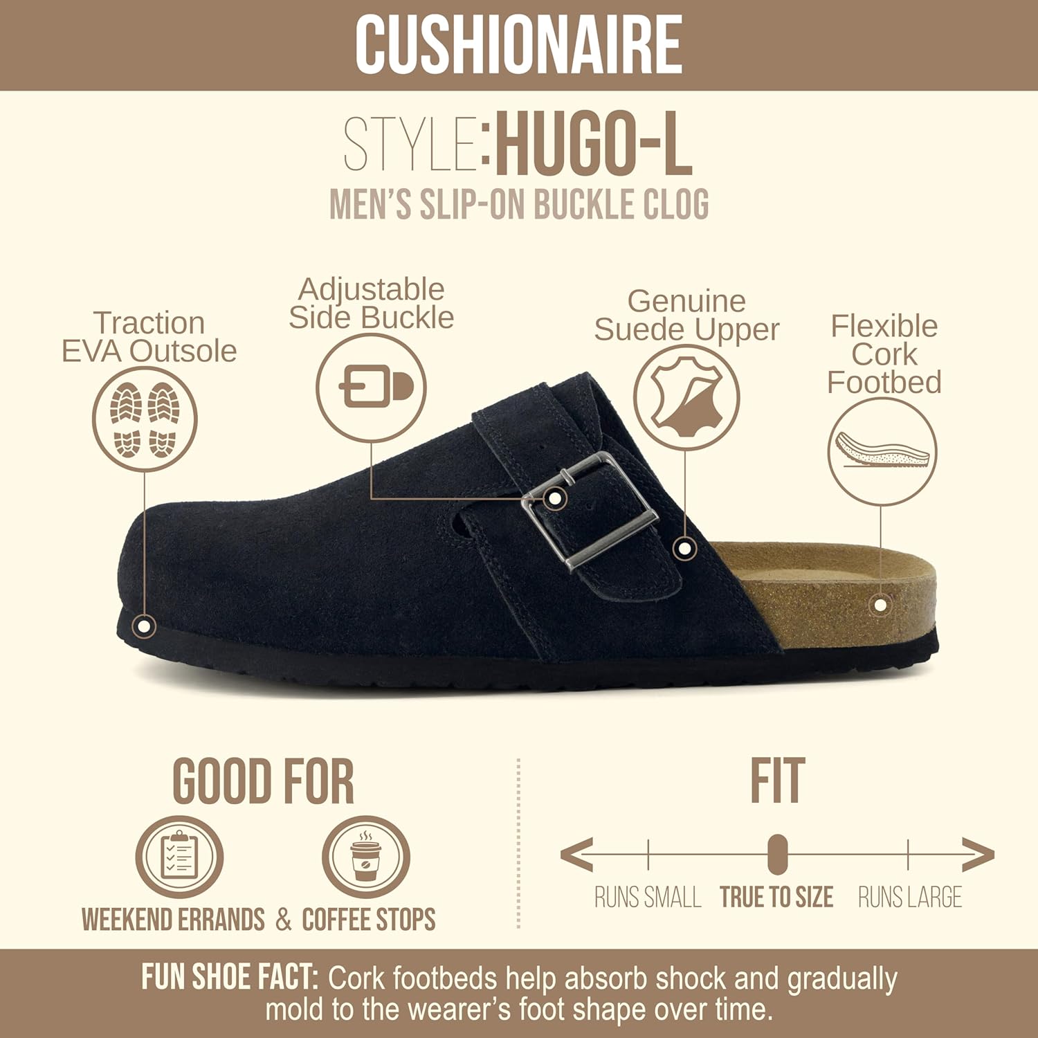 CUSHIONAIRE Hugo Genuine Leather Suede Clogs for Men – Comfortable Slip On Shoes with Adjustable Buckle, Closed Toe Mens Slides - Image 4