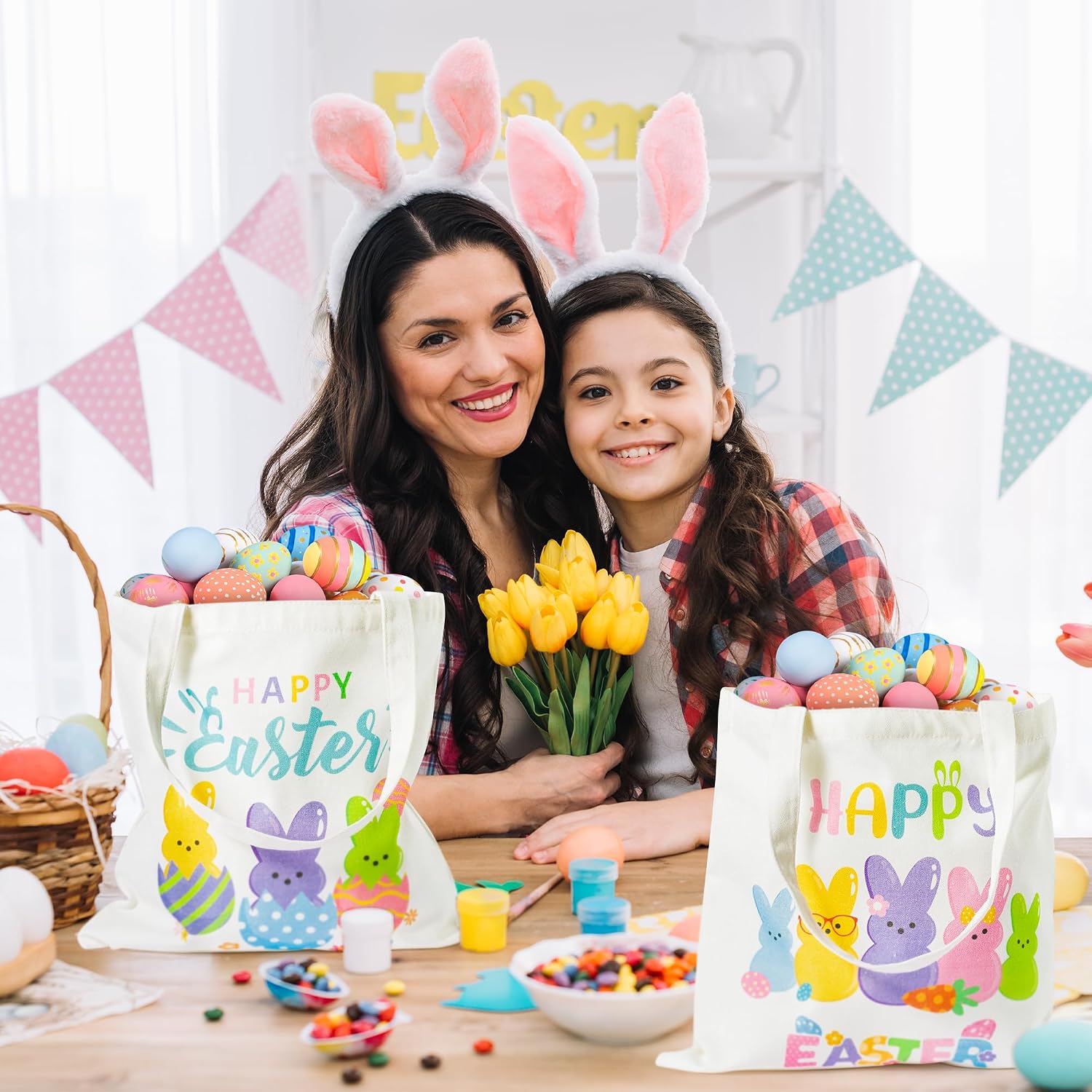 Zainpe 3Pcs Easter Gift Canvas Bags Egg Bunny Tote Treat Bags with Handle for Kids, Reusable Large Capacity Handbag Happy Easter Baskets Trick Handbags Spring Party Favor Supplies
