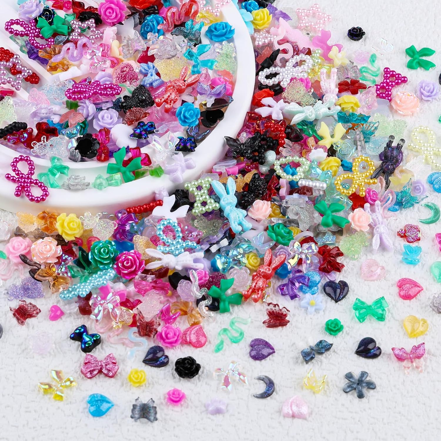 3D Rainbow Nail Art Charms Kit: 630+ Pieces, 20+ Shapes, 9 Colors - Butterfly, Flower, Rabbit, Snake - DIY Nail Art, Craft & Decoration Accessories with Tweezer and Brush