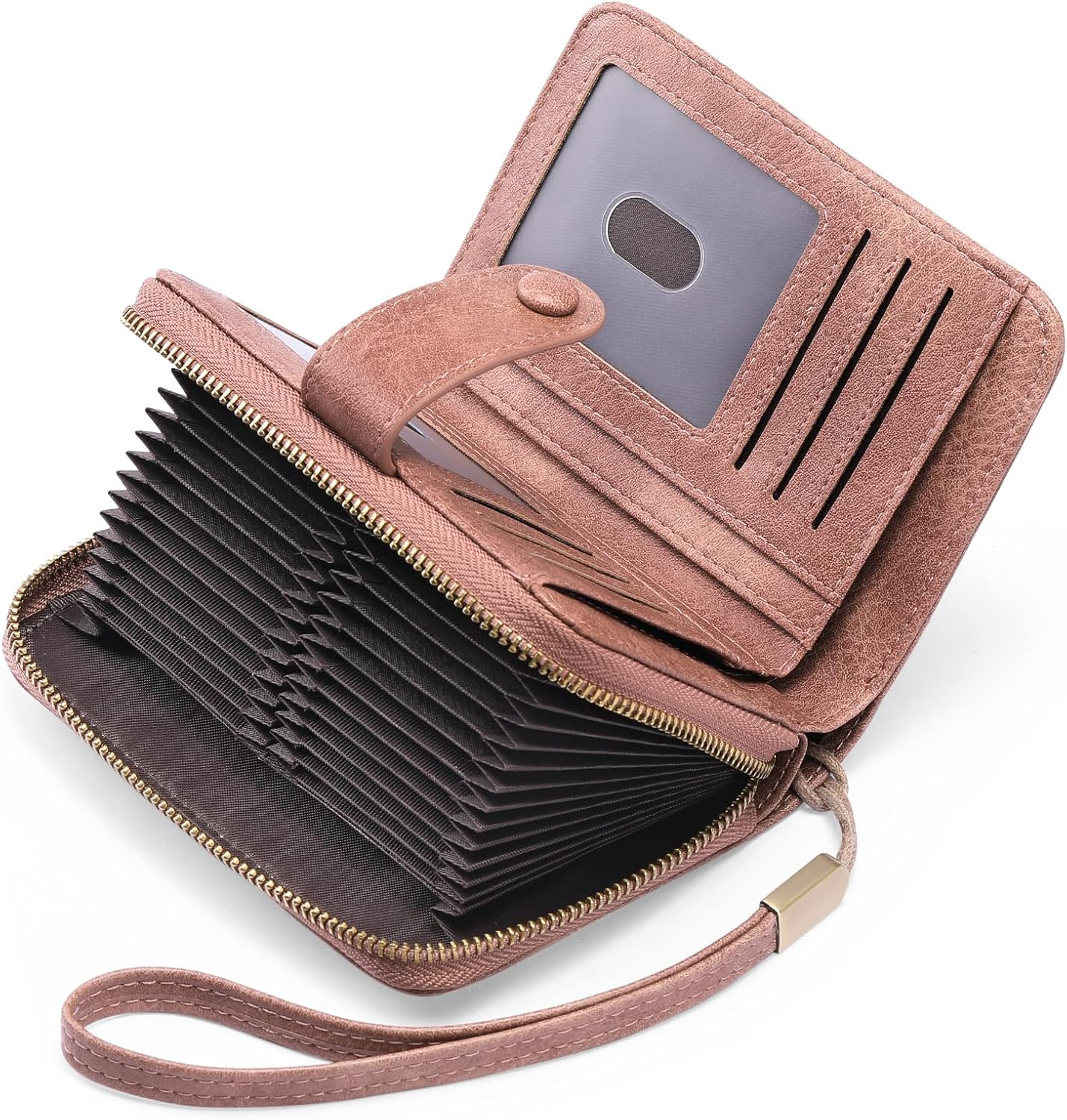 GAEKEAO Leather Credit Card Holder Wallet for Women RFID Blocking Large Capacity Bifold Zipper Card Case Organizer with Wristlet 32 Slots