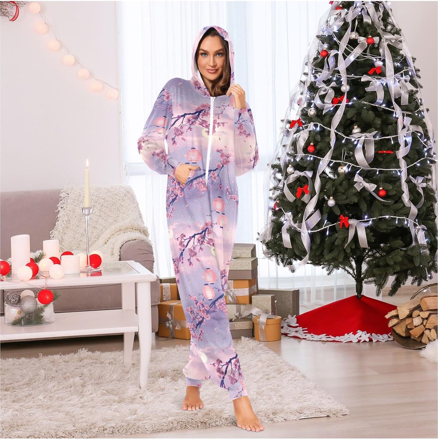 ZZKKO Romantic Petals Fall Adult Onesie Pajamas for Women Men Cozy One Piece Pajamas Costume Zip-Up Hooded S-XL