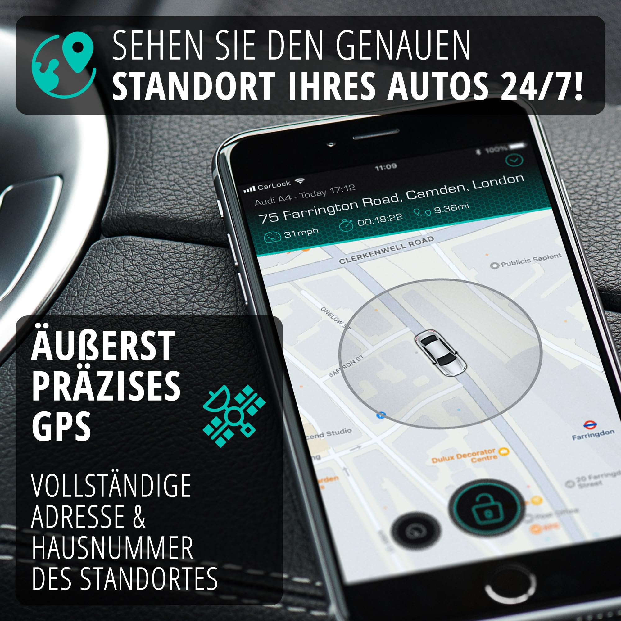 Carlock Basic - GPS Tracker Auto Alarmanlage. Digitales Ortungsgerät mit Smartphone App. Sender verfolgt Ihr Auto mühelos in Echtzeit, Peilsender benachrichtigt sofort bei verdächtigem Verhalten