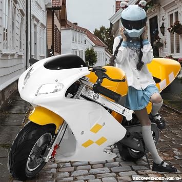 49cc 2 Stroke Pocket Bike, Mini Motorcycle for Kids Gas Powered, Racing Pocket Motorbike, Dual Disc Brakes, Max Speed 20 Mph, Dual Headlights, Steel Frame, Pull Start Yellow