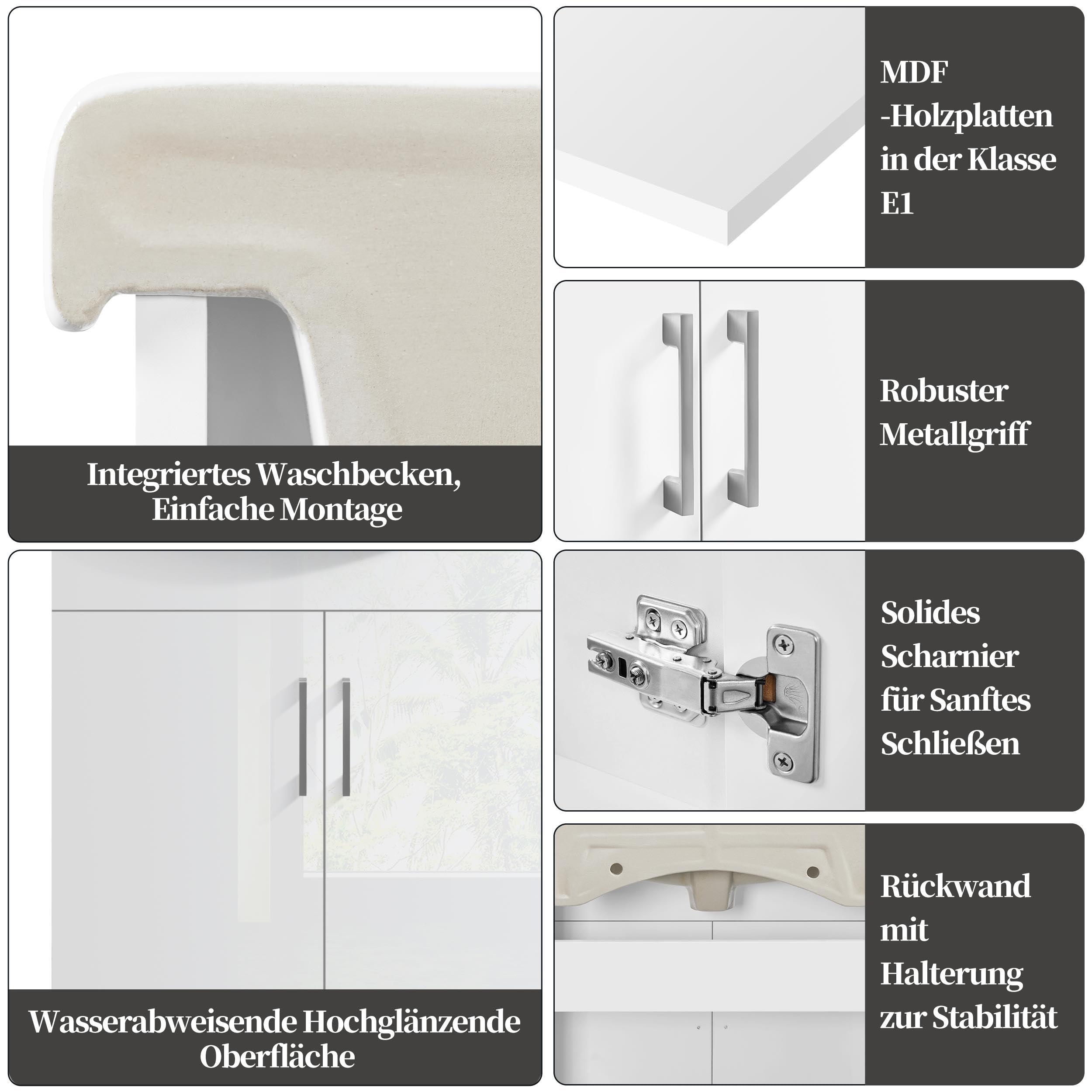 Yaheetech Waschbeckenunterschrank Badezimmerschrank Unterschrank mit Waschbecken Badmöbel 2er Set Badschrank Standschrank mit 2 Türen Waschtischunterbau Keramikbecken Hochglanz, 61 x 43,5 x 84 cm