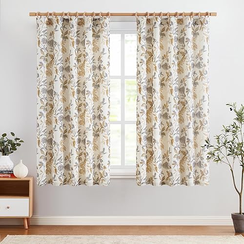 Miniatura 10 de jinchan Cortinas de lino para sala de estar de 96 pulgadas de largo, cortinas amarillas con estampado de hojas, bolsillo para barra, pestañas