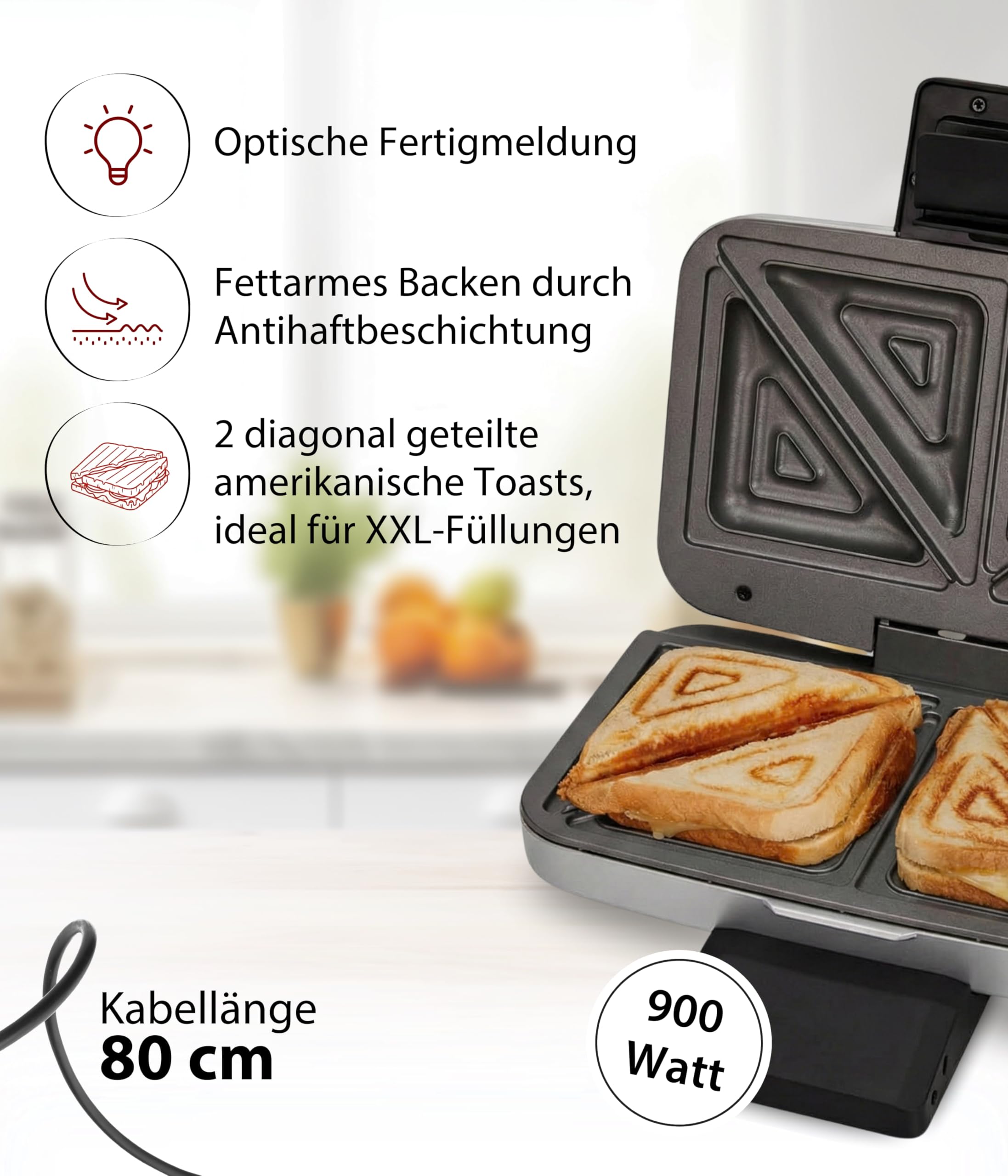Cloer 6259 Sandwichmaker, 900 W für 2 diagonal geteilte Toasts, American Toasts, XXL Füllungen, Silber