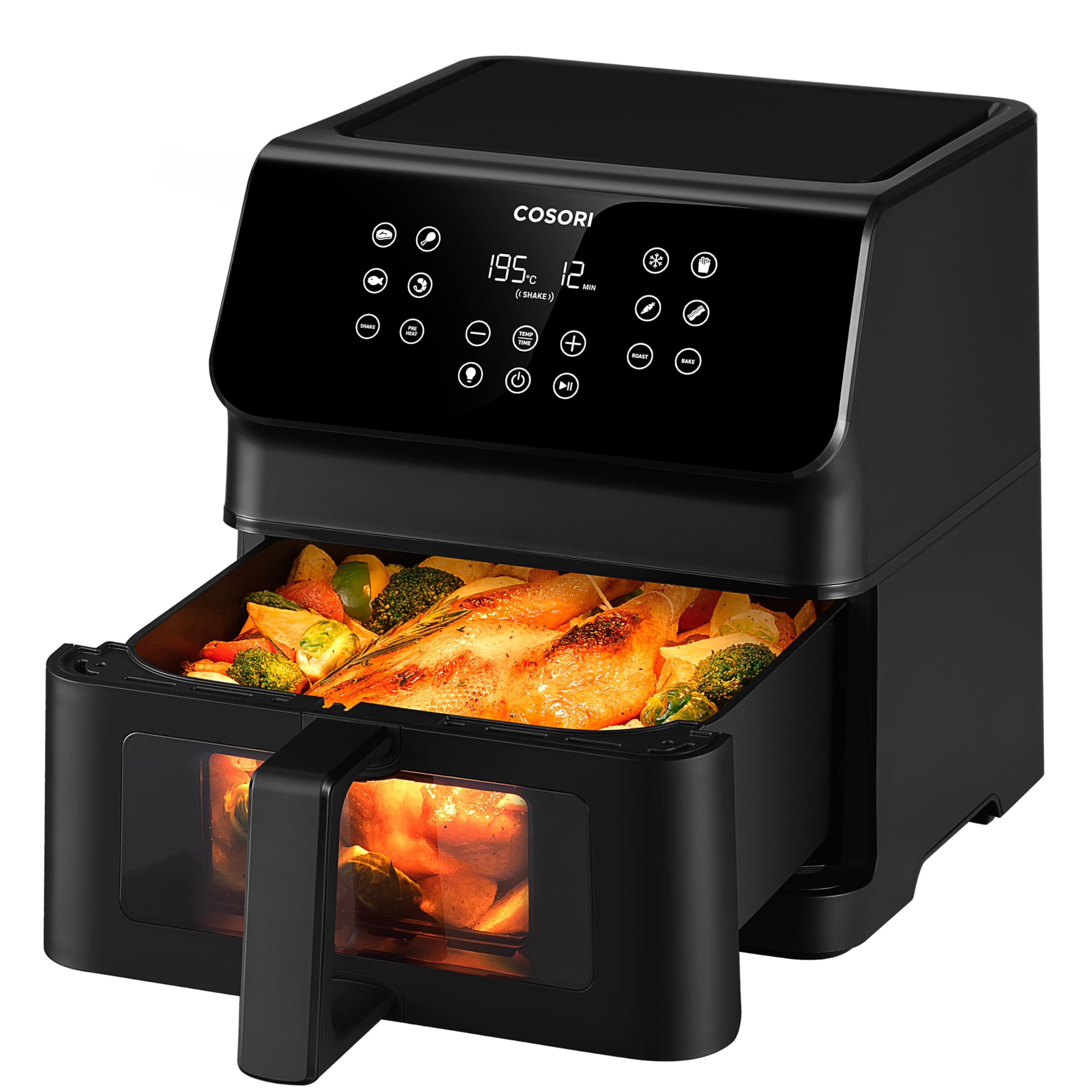 Cosori Clear Window Air Fryer, 6.2L Compact Airfryer, 55dB Quiet Operation, 11 Preset Functions, Energy-Saving Fast Cooking, Nonstick & Dishwasher-Safe, Black