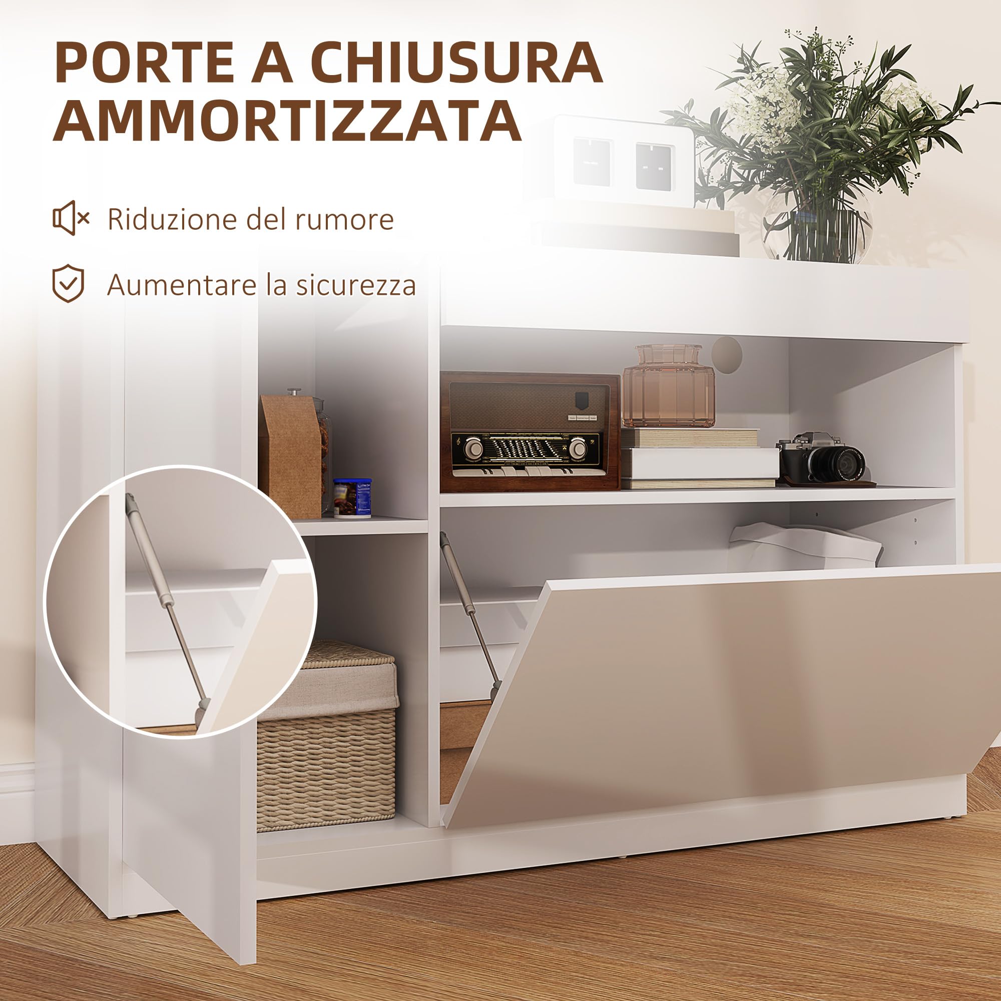 HOMCOM Credenza Cucina Bassa con Ante Ammortizzate, Mobile Buffet con 2 Armadietti, Scaffale Aperto, 2 Fori Passacavi, Ripiano Regolabile e Sistema Antiribaltamento, Bianco