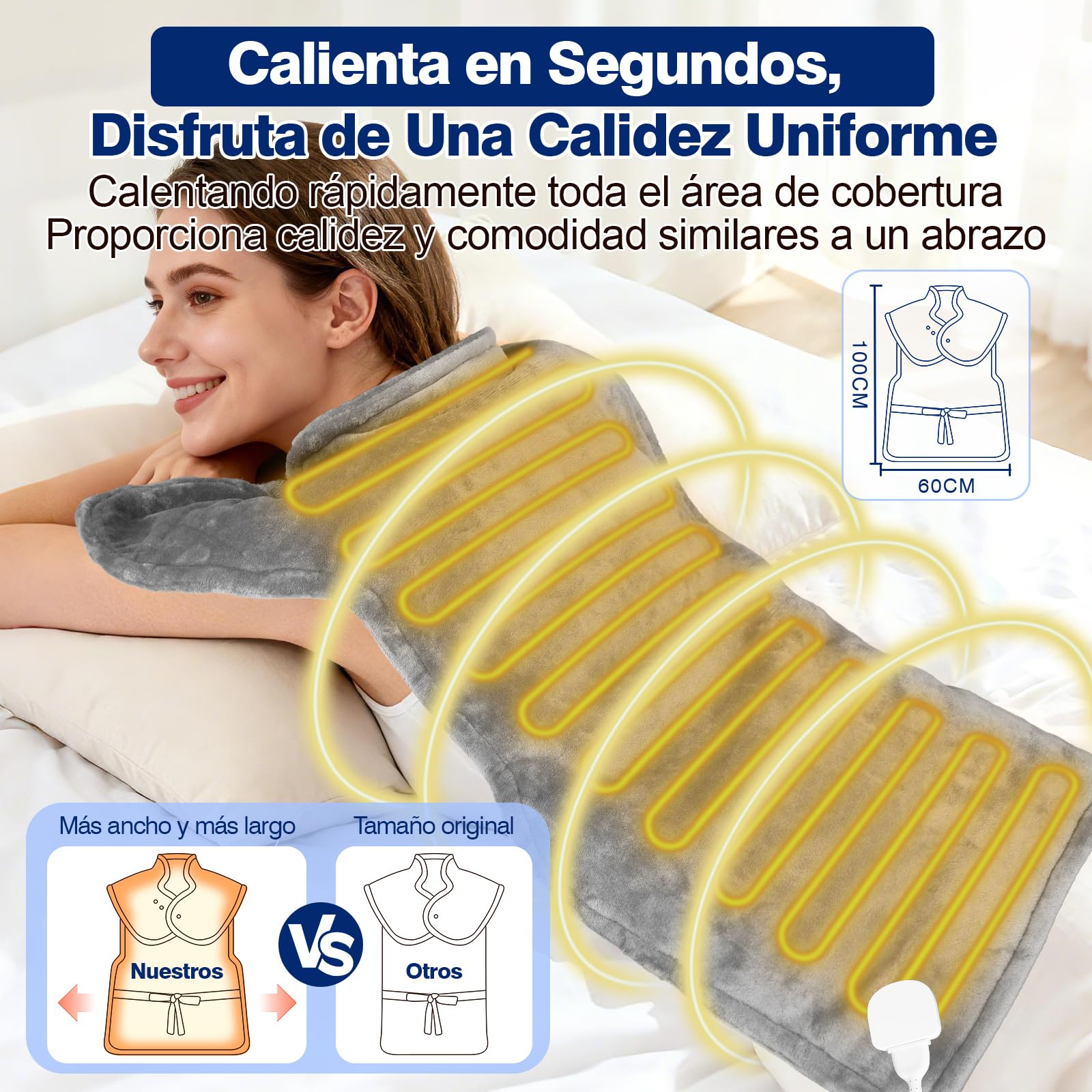 Almohadilla Térmica Eléctrica la Espalda y Cuello 60×100cm, 9 Niveles de Calor, 4 Temporizador, Manta Electrica con Apagado Automático, Calentamiento Rápido, Franela, Lavable Oficina y Hogar