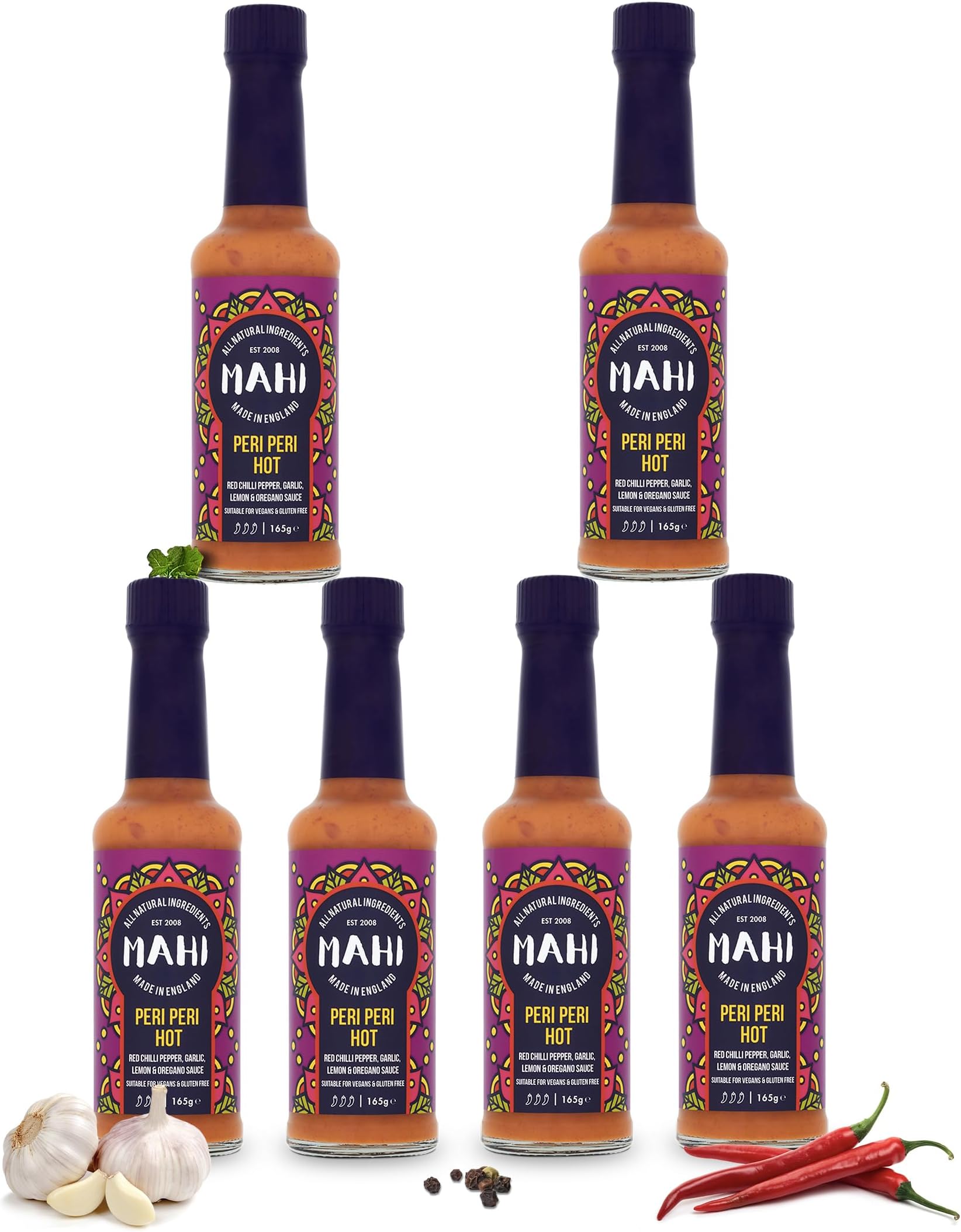 MAHI Hot Chilli Sauce - Peri Peri Hot Spicy Sauce | 6x Pack | Vegan & Gluten Free | No Artificial Colours or Flavours | Sweet & Smoky With Peri Peri Peppers from South Africa (6x 165g Bottles)