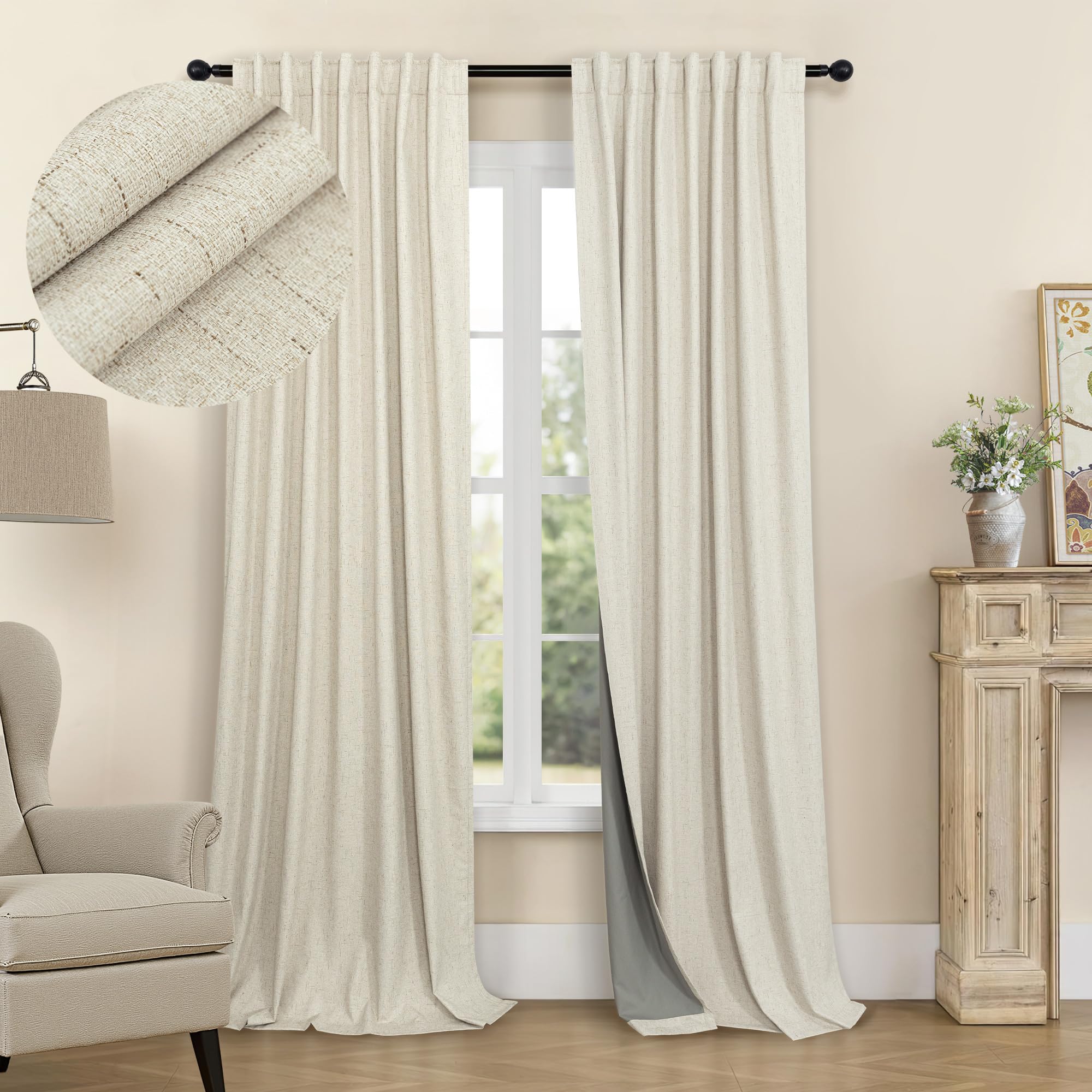 Photo 1 of Room Darkening Curtains for Living Room Divider Boho Ceiling to Floor Length Curtains Linen Neutral Farmhouse Large Drapes Weather Blocking Lightweight Blackout 52x102 Inches Long 2 Panels Tan Beige