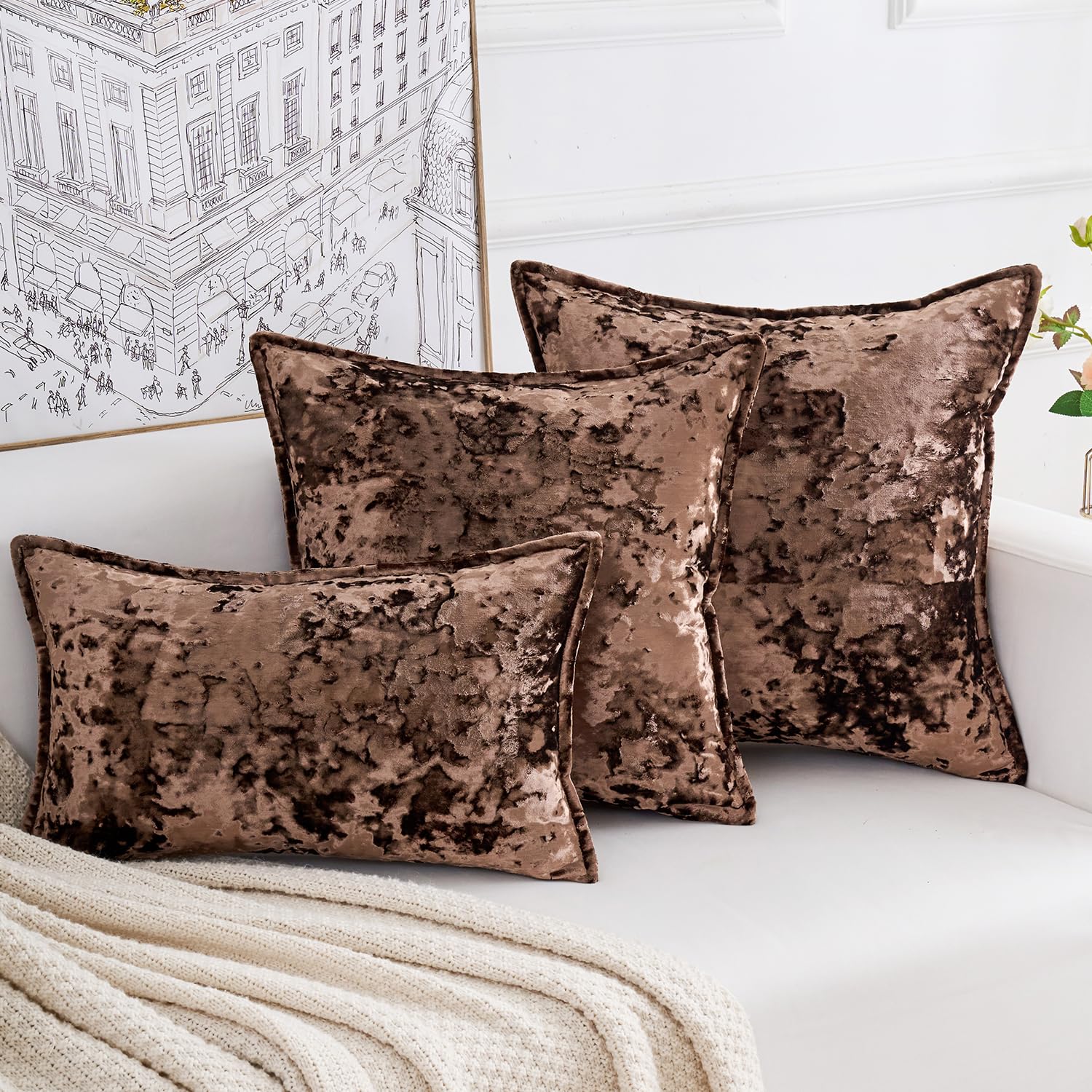 Yonous Premium Series, Crushed Velvet Cushion Covers, Luxury Thick Throw Pillow for Home Decor Dark Brown, 18 x 18 Inch / 45 x 45 cm