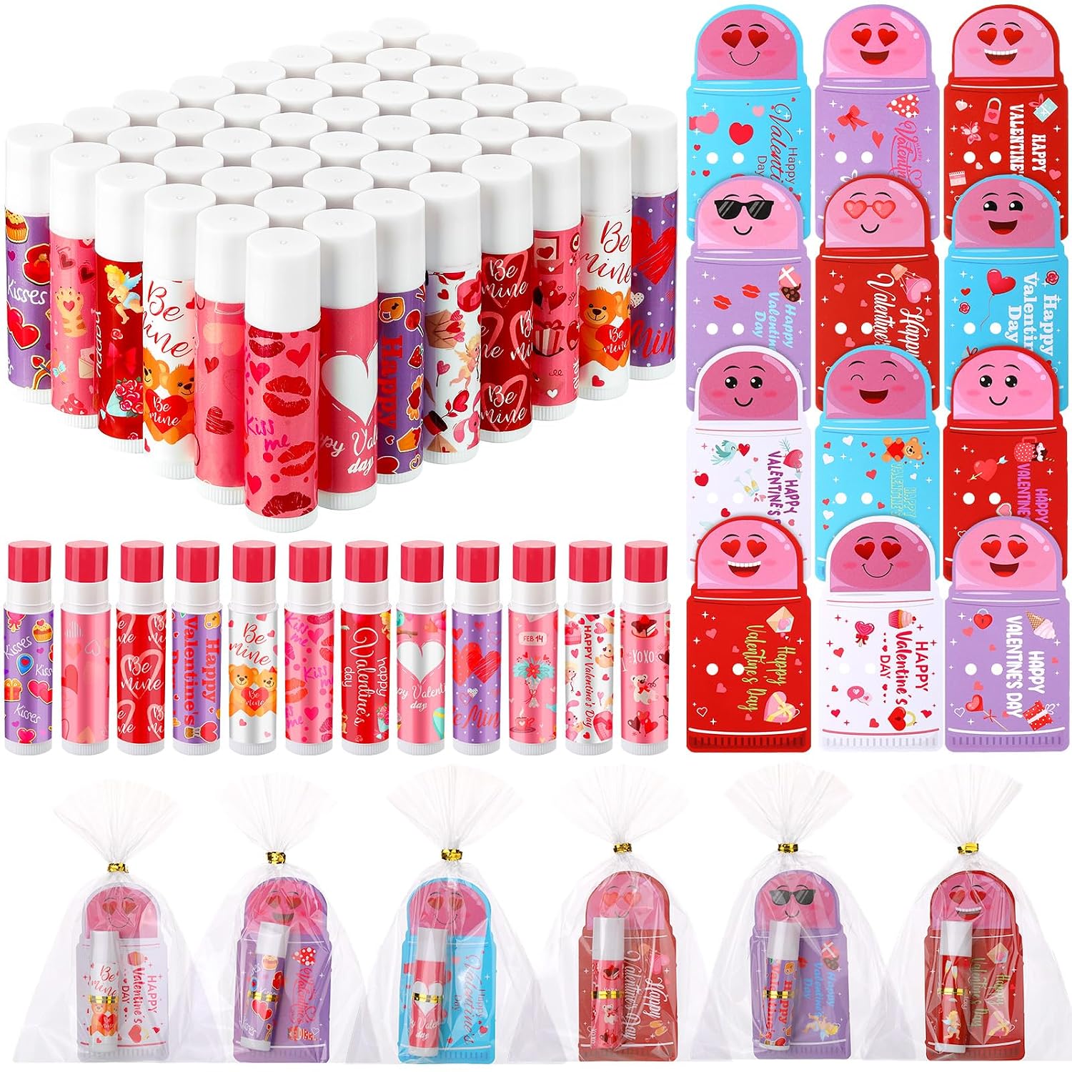 48 Pcs Valentines Day Classroom Exchange Gifts Bulk for Kids Valentines Lip Balm with Cards for Classroom Prize School Exchange Boys Girls Party Favors(Classic Heart)