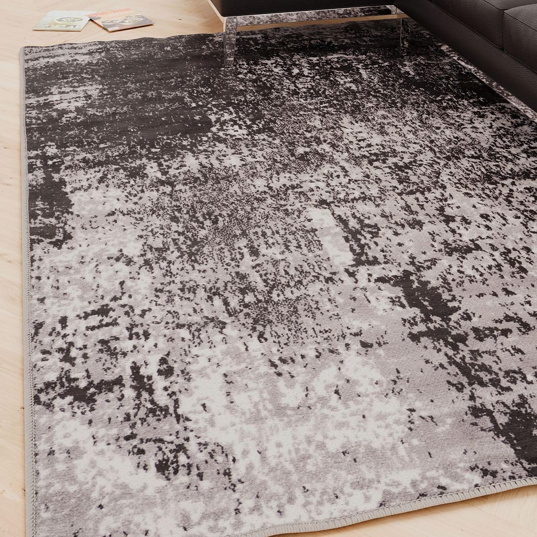 Machine Washable Cotton Blend Chenille Rug Black Tie-Dye Modern Area Livingroom Bedroom Kitchen Hallway Rug 60cm x 240cm (1ft 12" x 7ft 10")