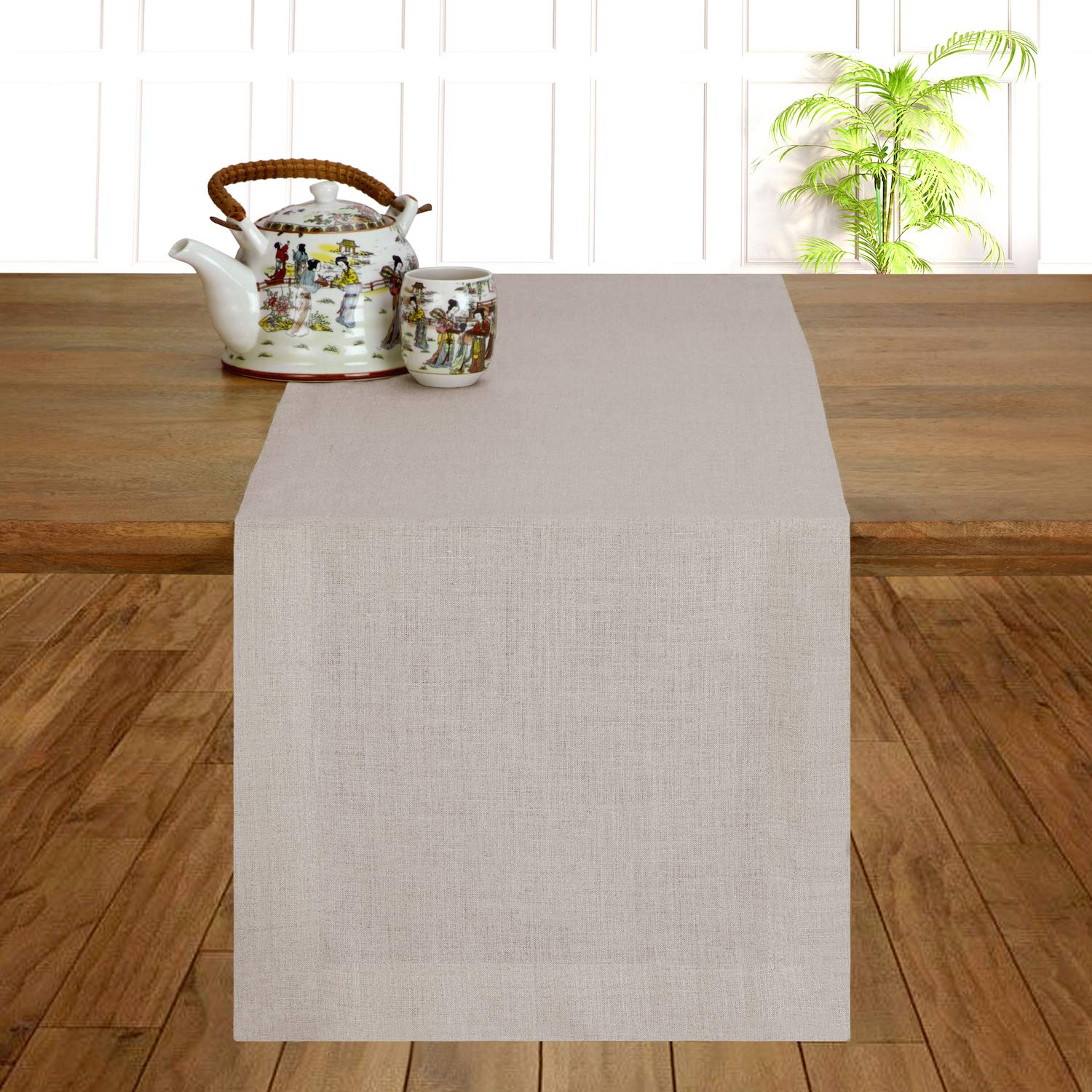 D' Moksha  Homes 100% Pure Linen Hemmed Table Runner - 14 x 36 Inch Vintage Natural, Premium Natural Fabric European Flax, Machine Washable, Handmade Dresser Scarf, Mitered Corners, Great Gift Choice