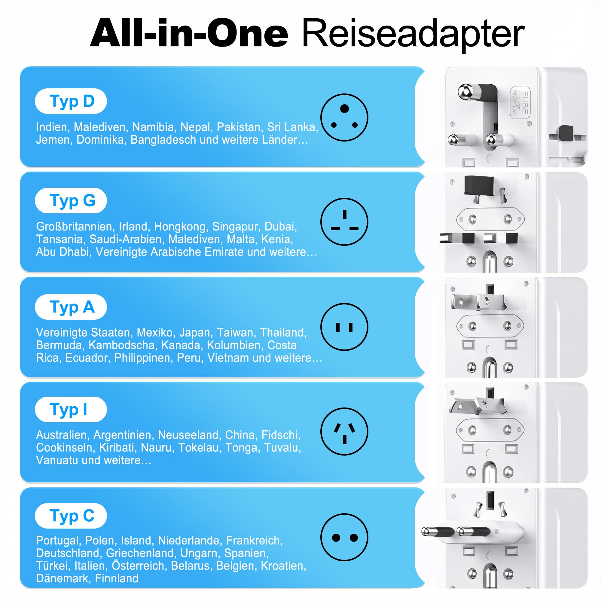 VYLEE Reiseadapter Weltweit, Typ G/D/A/I/C, Universal Reisestecker mit 2 USB A + 2 USB C,Internationaler Steckdosenadapter,Universaladapter für USA England Japan Malediven Sri Lanka Australien,Weiß