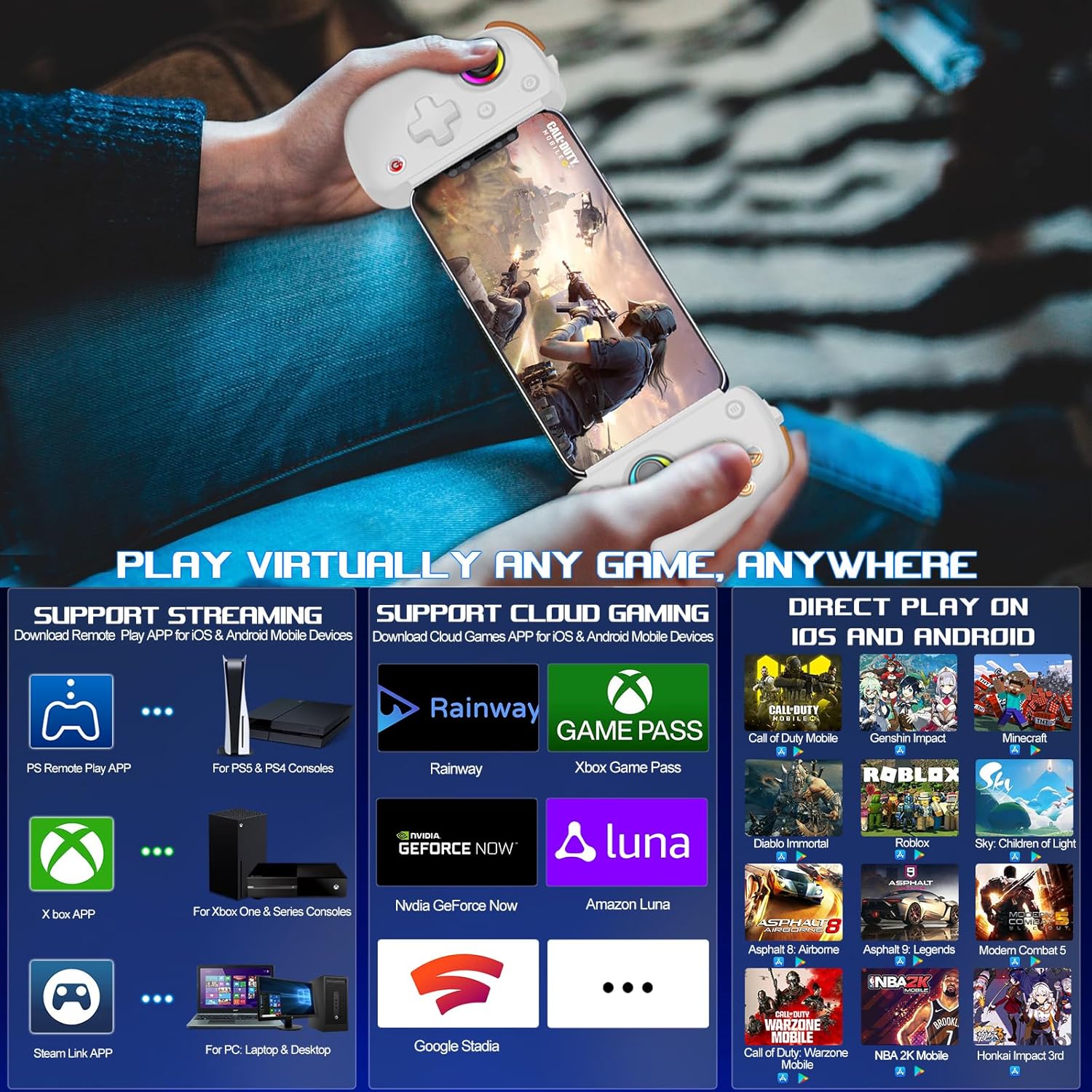 arVin D8 Pro controller showing support for various cloud gaming services and direct play mobile games.