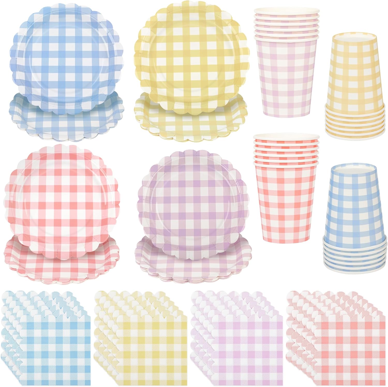 72pcs Gingham Dessert Paper Plates and Napkins Set 9 Inch Colorful Scalloped Picnic Paper Plate Disposable Plaid Cocktail Napkin Checkered Dinner Party Set for Picnic Wedding Birthday (4 Colors)