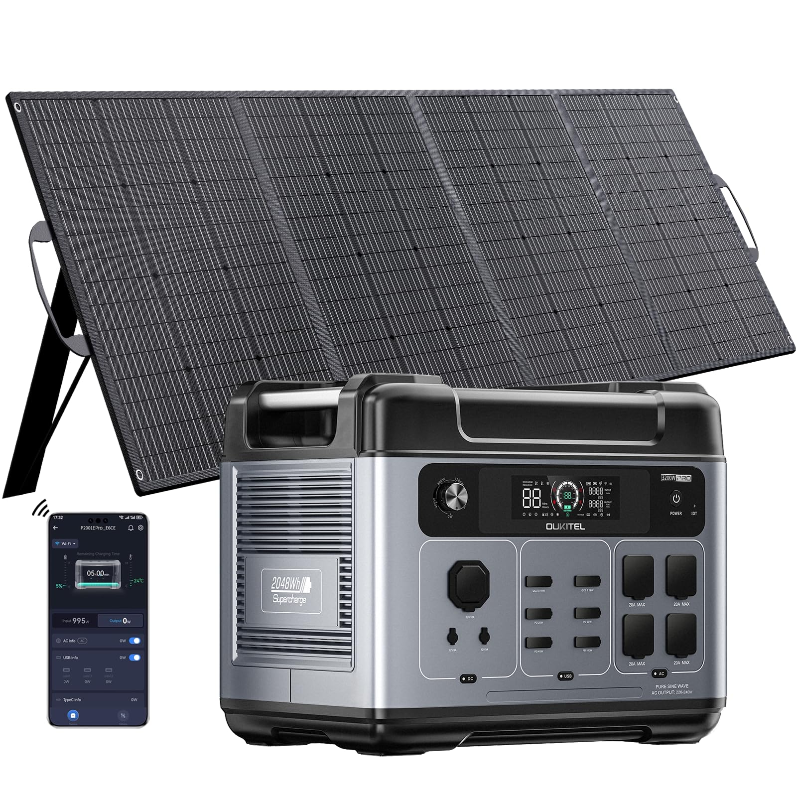 OUKITEL 3200W Centrale Elettrica Portatile con 1 Pannello Solare da 400W, 2048Wh Generatore Solare, Batteria LiFePO4, Controllo APP, Portable Power Station per Campeggio, Camper, Casa