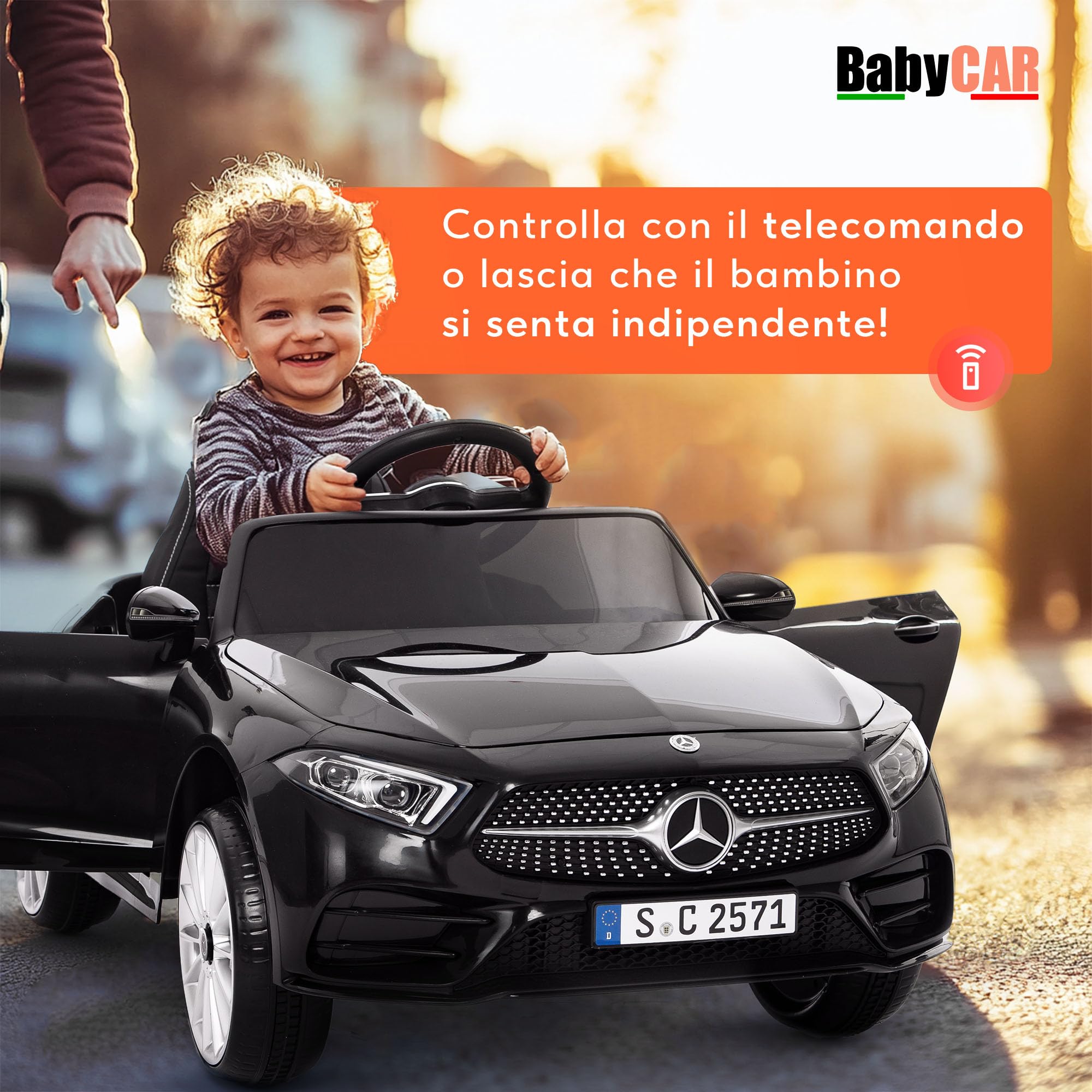 BabyCar Mercedes CLS 350 AMG | Macchina elettrica per bambini 12V 2x25W | Auto elettrica per bambini telecomandata, sedile pelle, porte apribili, MP3/USB | Licenza ufficiale | Nera | Occhiali-Targa