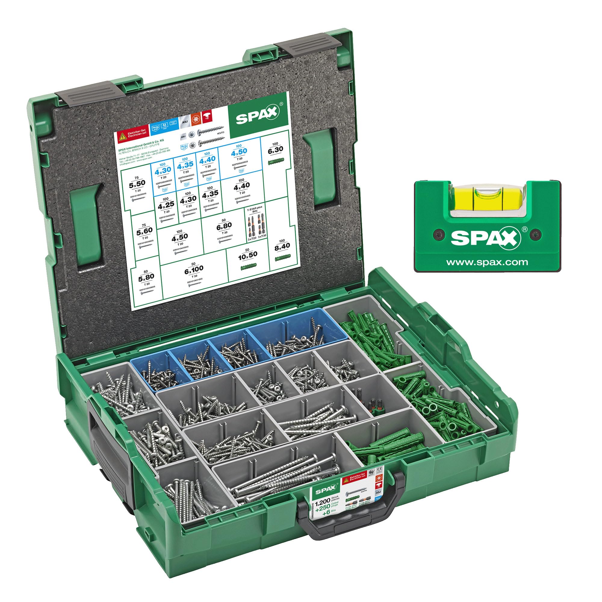 Mallette de montage SPAX pour électriciens L-BOXX grande - 1 200 vis à tête demi-ronde en 14 tailles, WIROX A9J et acier inoxydable A2, 250 chevilles, 6 embouts T-STAR plus et niveau à bulle
