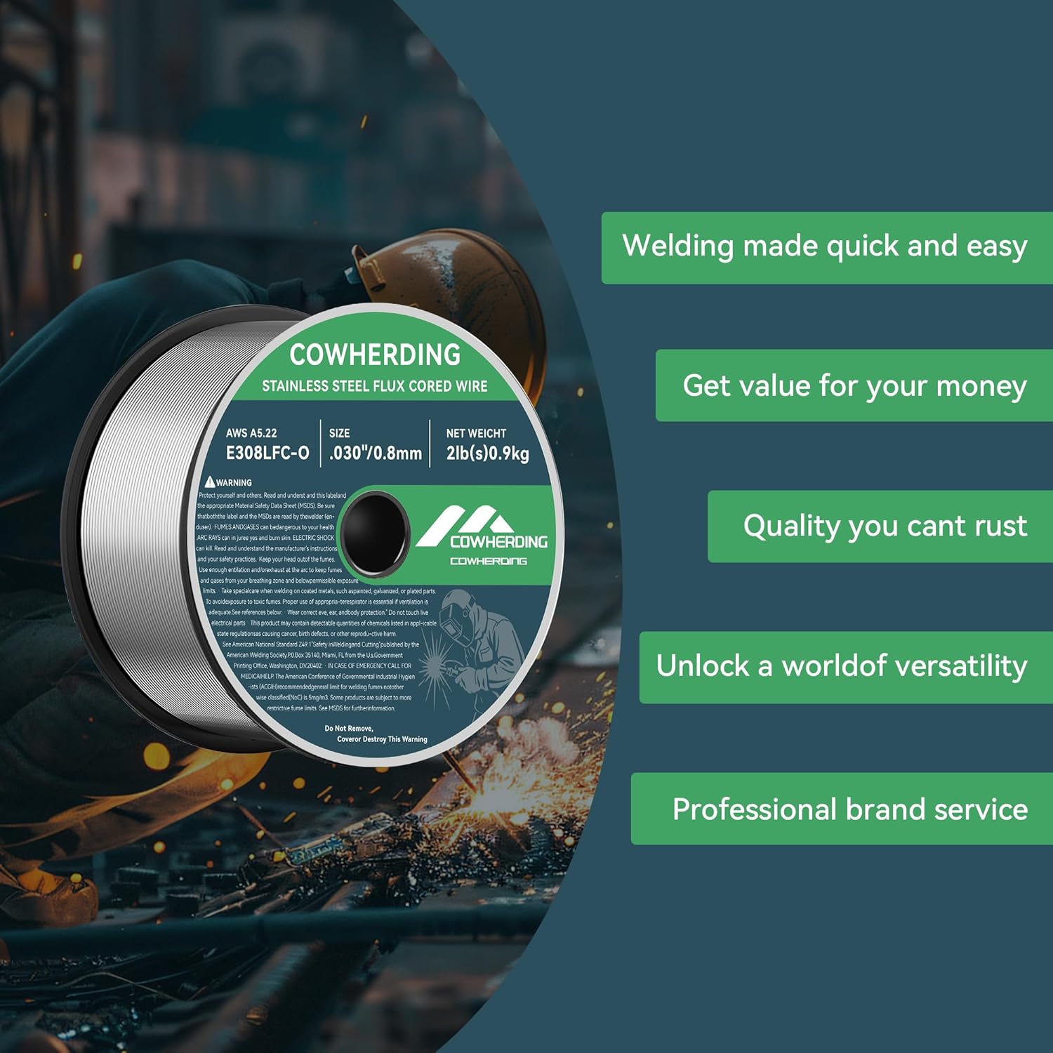 Stainless Steel Flux Cored MIG Wire, 0.030" Diameter E308LFC-O 2-Pound, Flux-Cored MIG Welding Wire Requiring No Gas Shielding Low/Less Splatter, Strong ABS Plastic Spool Welding Wire, Welds Cleaner
