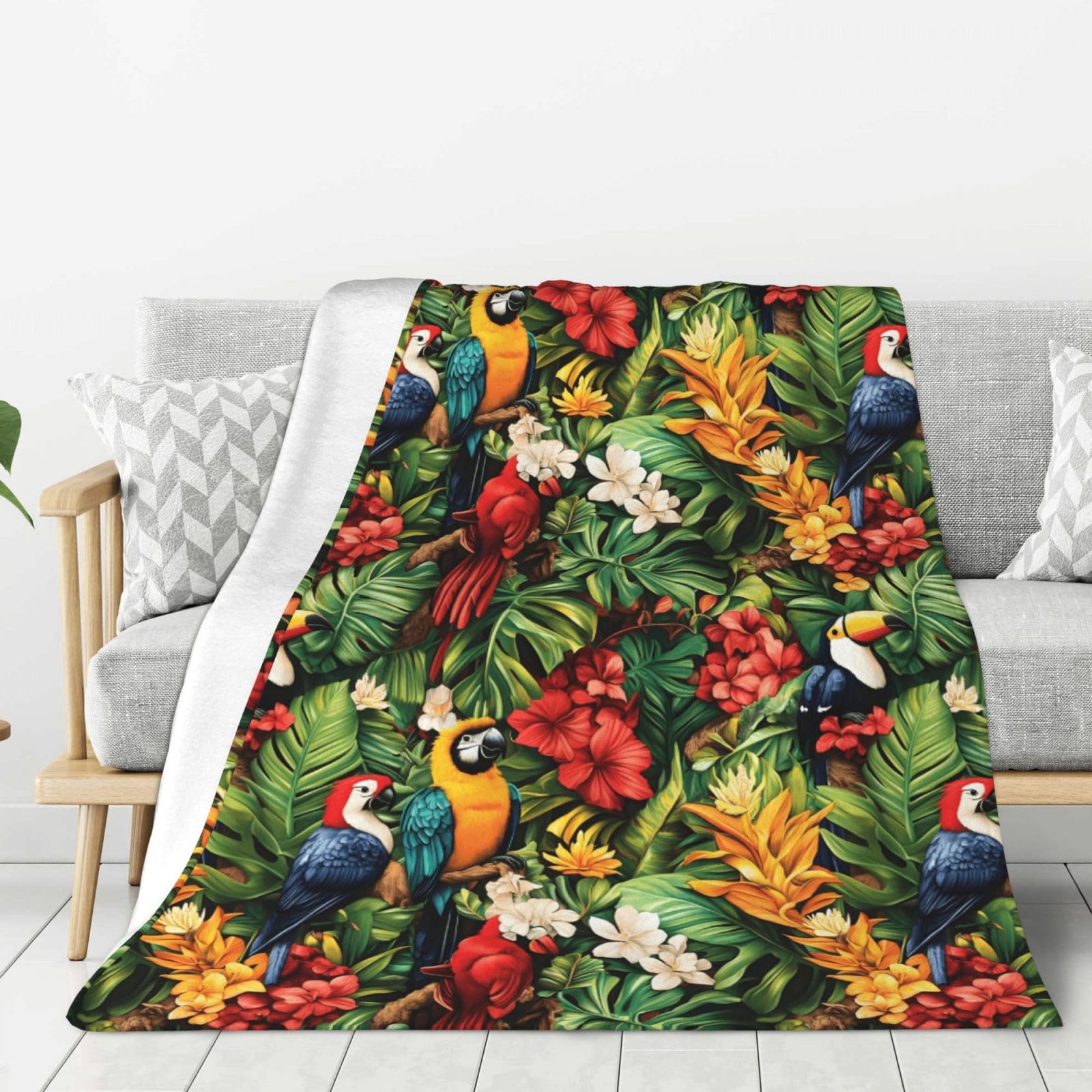 Couverture perroquet tropical en flanelle douce pour canapé et lit 127x152
